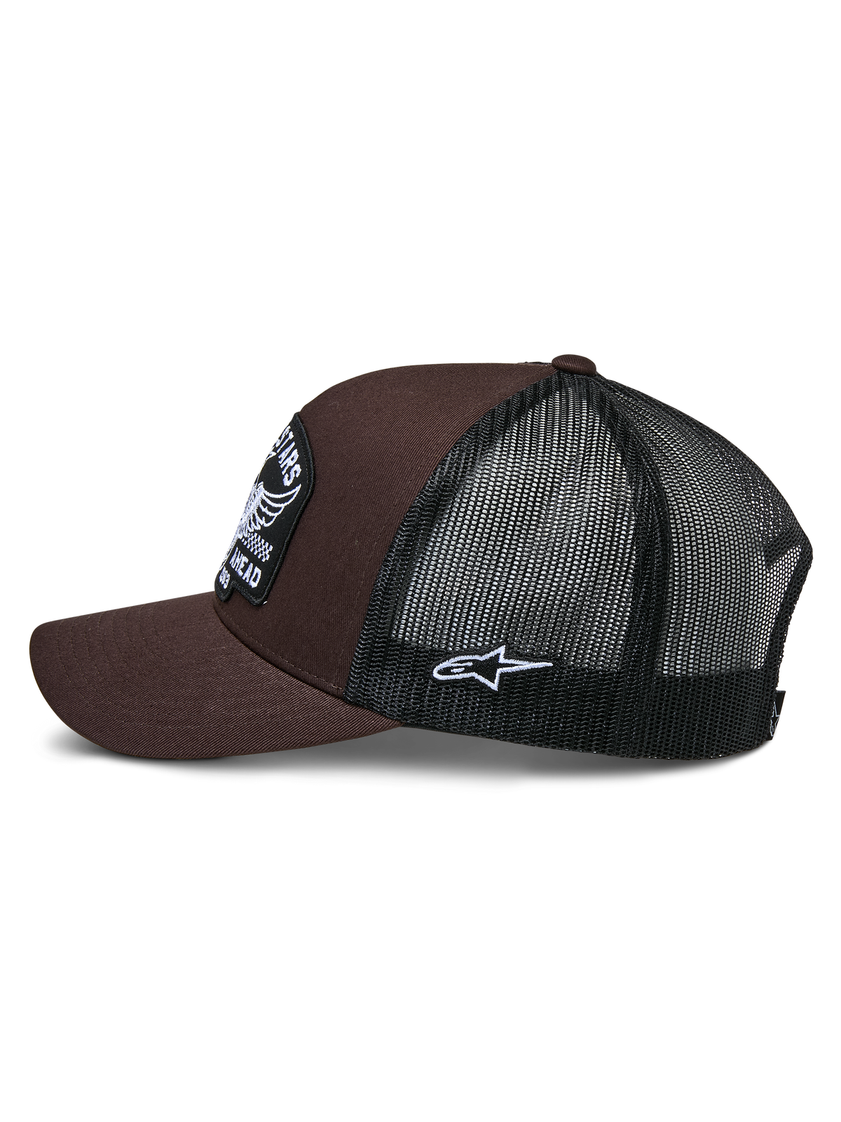 Alpinestars Heritage Patch Trucker Hat, Brown and Black, side view showing brown twill front and black mesh back, white side Ageless logo patch, structured crown and curved bill