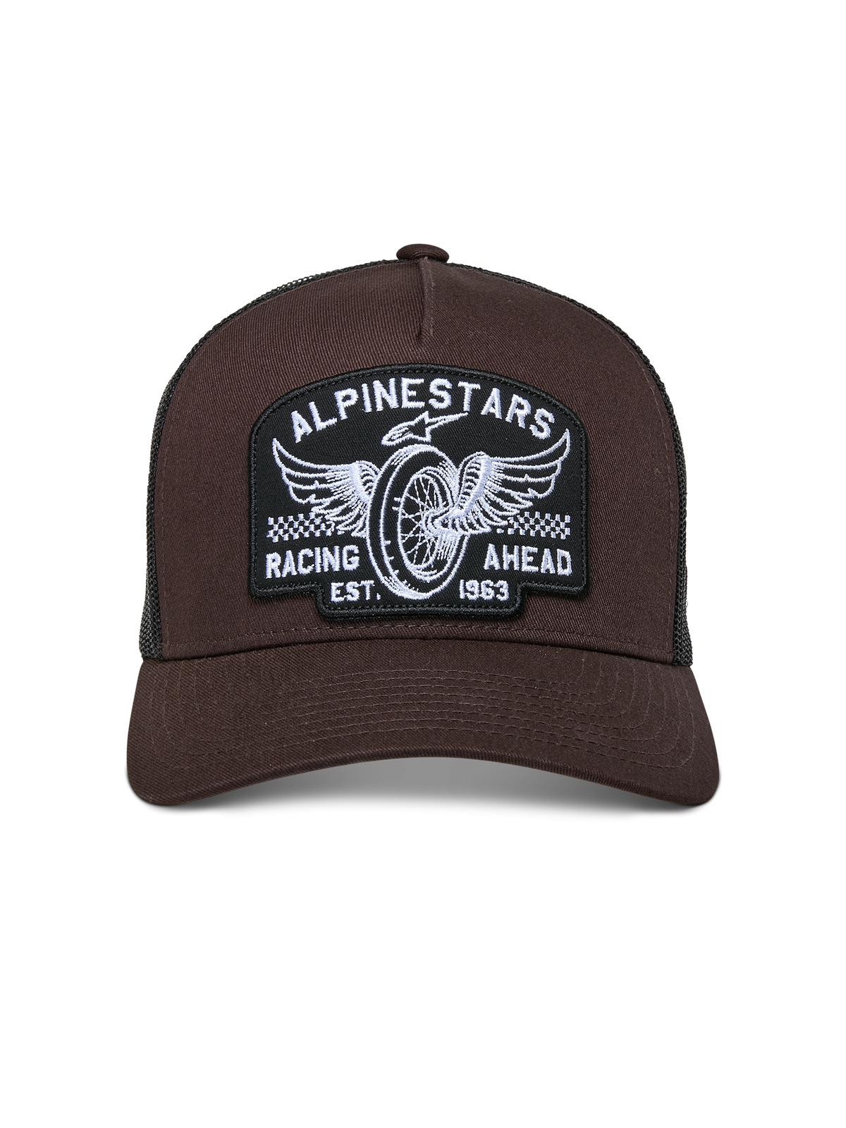 Alpinestars Heritage Patch Trucker Hat, Brown front with Black mesh back, curved bill and structured crown, large embroidered patch with winged wheel and "Racing Ahead" graphic, casual motorsport-inspired headwear