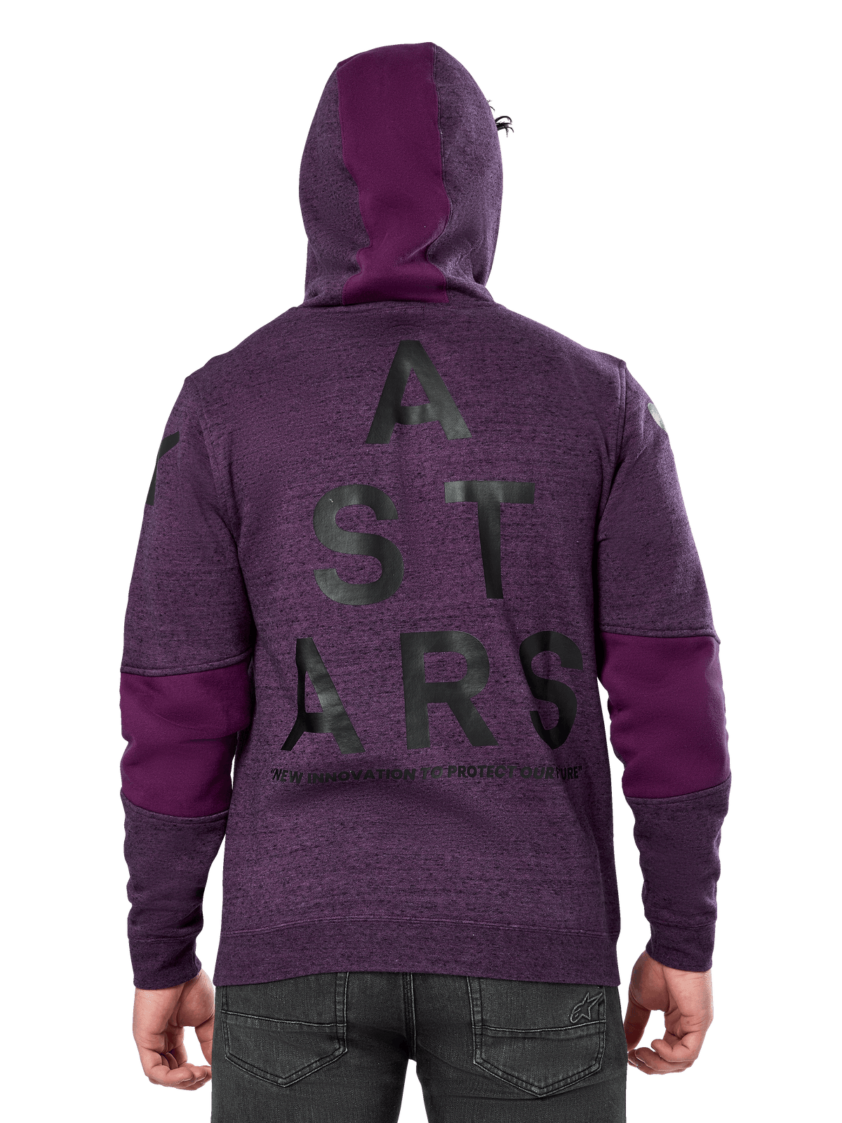 Alpinestars Perpetuate Hoodie, fioletowa bluza z polaru z barwionego melanżu, widok z tyłu z dużą czarną grafiką „ASTARS” i napisem „NEW INNOVATION TO PROTECT OUR FUTURE”, wstawki z jednolitego fioletowego materiału na rękawach i kapturze, codzienny design inspirowany sportami motorowymi