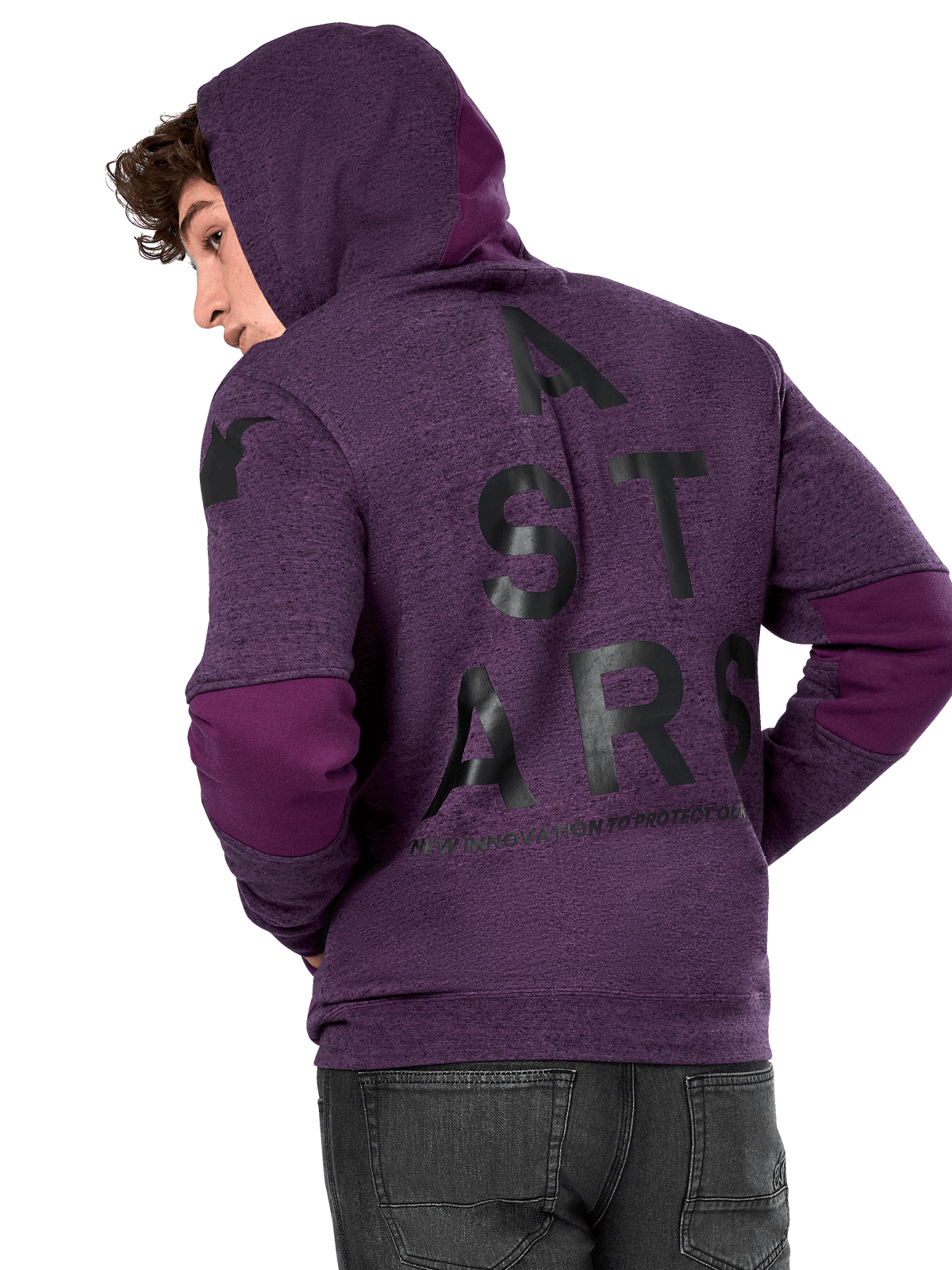 Alpinestars Perpetuate Hoodie, fioletowy polar melanżowy, widok z tyłu z dużą czarną grafiką „A STARS” i ciemnofioletowymi wstawkami na łokciach oraz kapturze, casualowa odzież uliczna inspirowana motorsportem