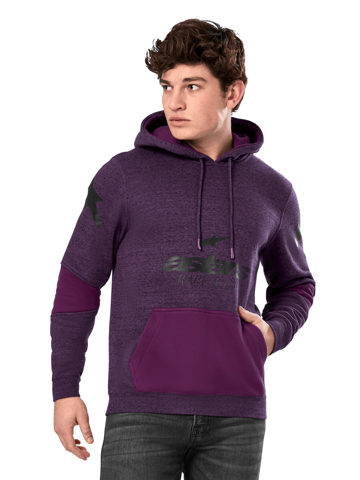 Alpinestars Perpetuate Hoodie, fioletowy melanż i ciemnofioletowy, męska polarowa bluza z kapturem, czarne grafiki z logo, kieszeń kangurka, casualowa odzież uliczna inspirowana motorsportem