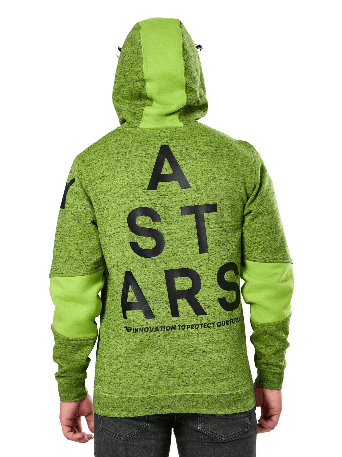 Alpinestars Perpetuate Hoodie, widok z tyłu, limonkowy polar o melanżowym splotu z zielonymi panelami na kapturze i rękawach, duża czarna grafika ASTARS na plecach, codzienna odzież streetwearowa inspirowana motorsportem