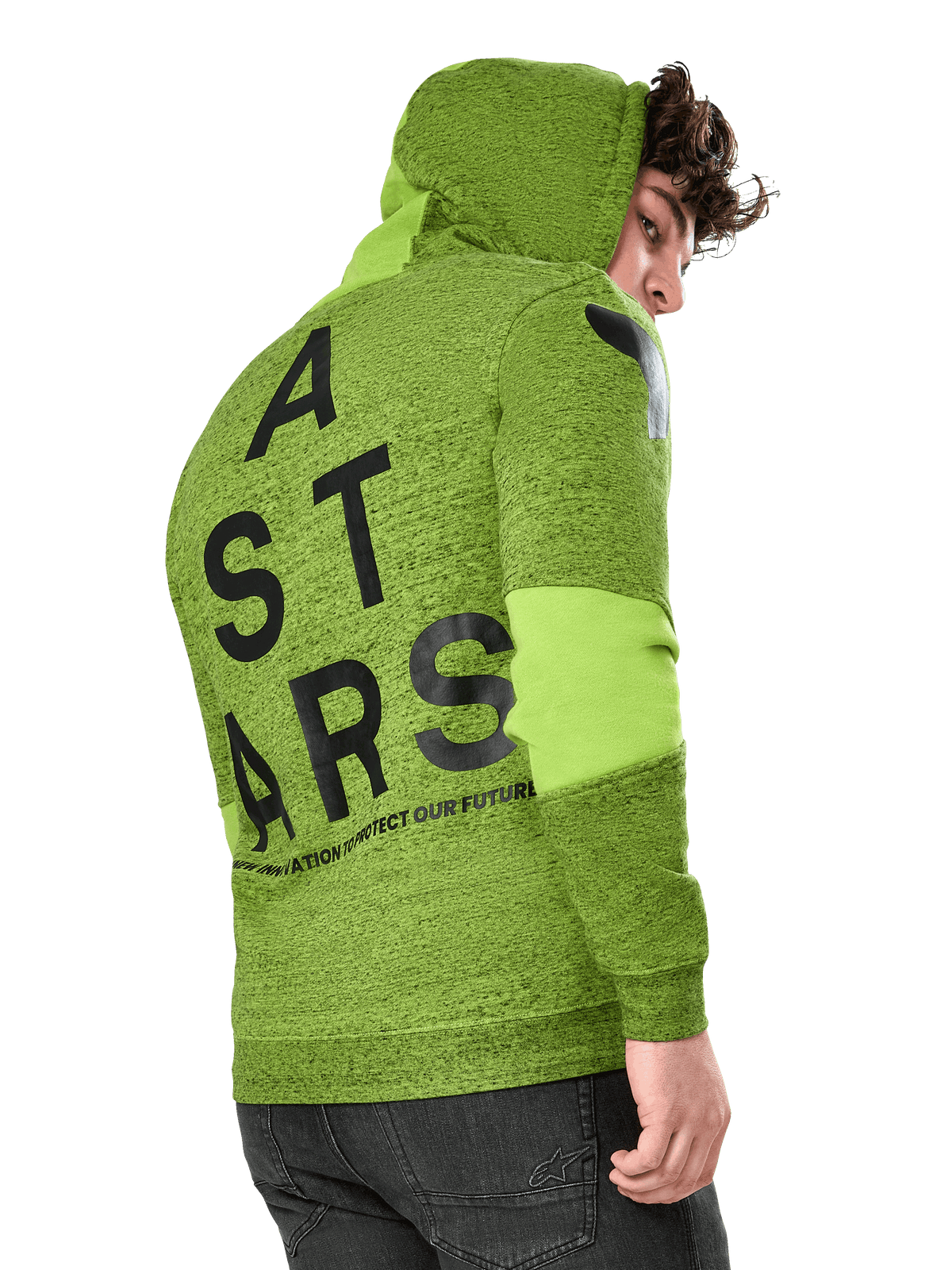 Alpinestars Perpetuate Hoodie, sportowa bluza z kapturem, limonkowy melanżowy polar, widok z tyłu z dużą czarną pionową grafiką ASTARS na plecach i logo na ramieniu, blokowanie tkaniny na rękawach, kaptur ze sznurkiem, nowoczesny streetwear inspirowany motorsportem.
