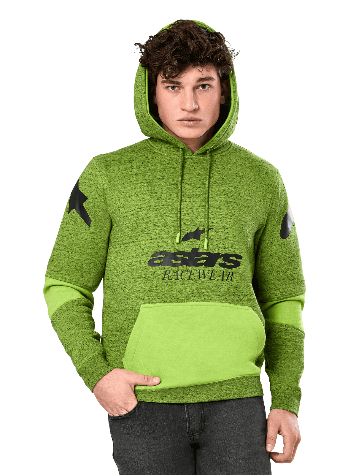 Alpinestars Perpetuate Hoodie, męska bluza z kapturem typu pullover w kolorze zielonego melanżu i limonki, z jaskrawymi limonkowymi elementami na kieszeni kangurce i rękawach, czarna grafika „astars RACEWEAR” na klatce piersiowej i logo gwiazdy na ramionach, casualowy motorsportowy streetwear