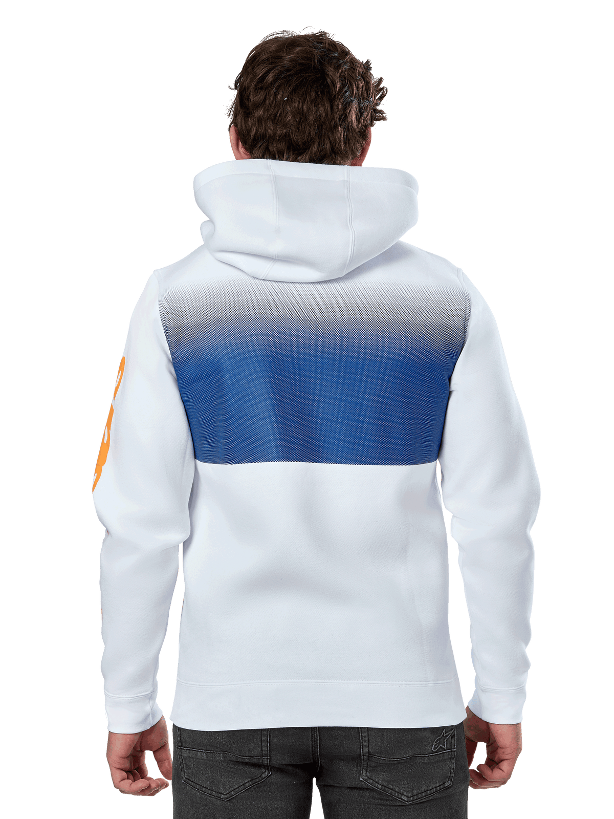 Alpinestars Specter Hoodie, biała bluza z kapturem w stylu streetwear, niebieski nadruk z efektem gradientu na plecach, pomarańczowe logo na rękawie, widok z tyłu