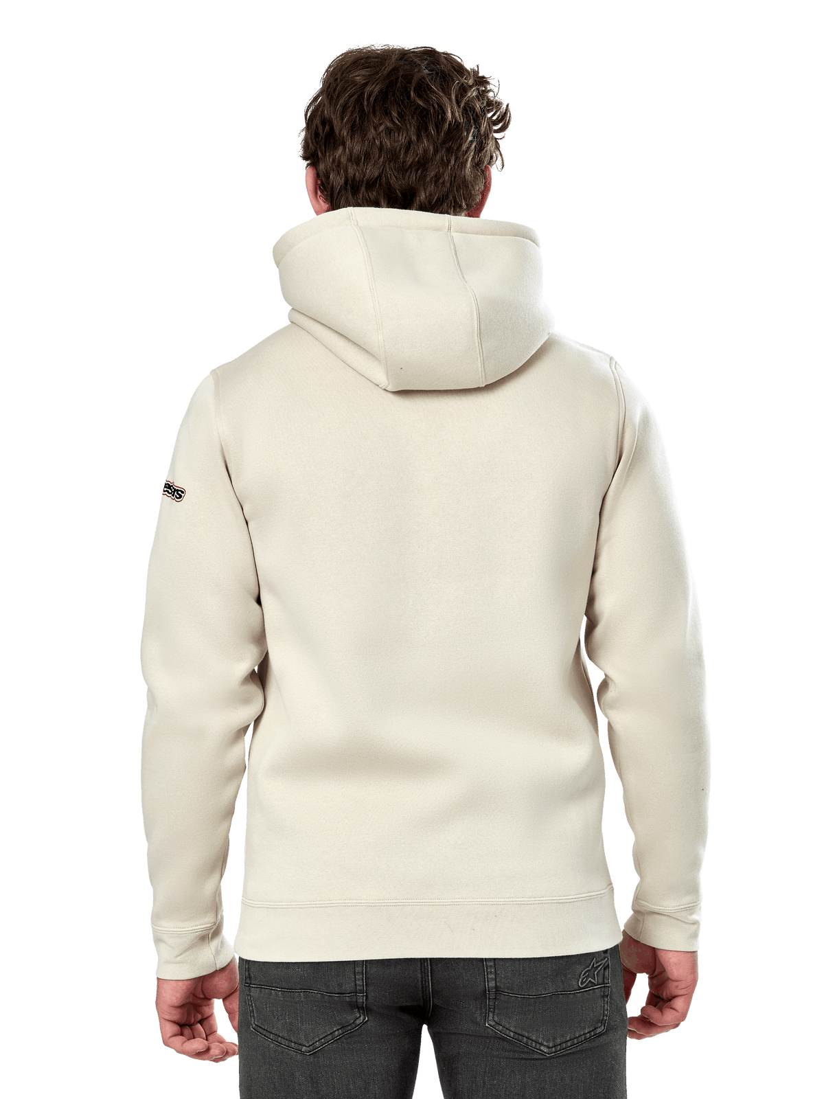 Alpinestars Insignia Hoodie, widok z tyłu mężczyzny w codziennej polarowej bluzie, kolor Off White, z kapturem z podszewką z tego samego materiału i prążkowanymi ściągaczami, streetwear inspirowany sportami motorowymi