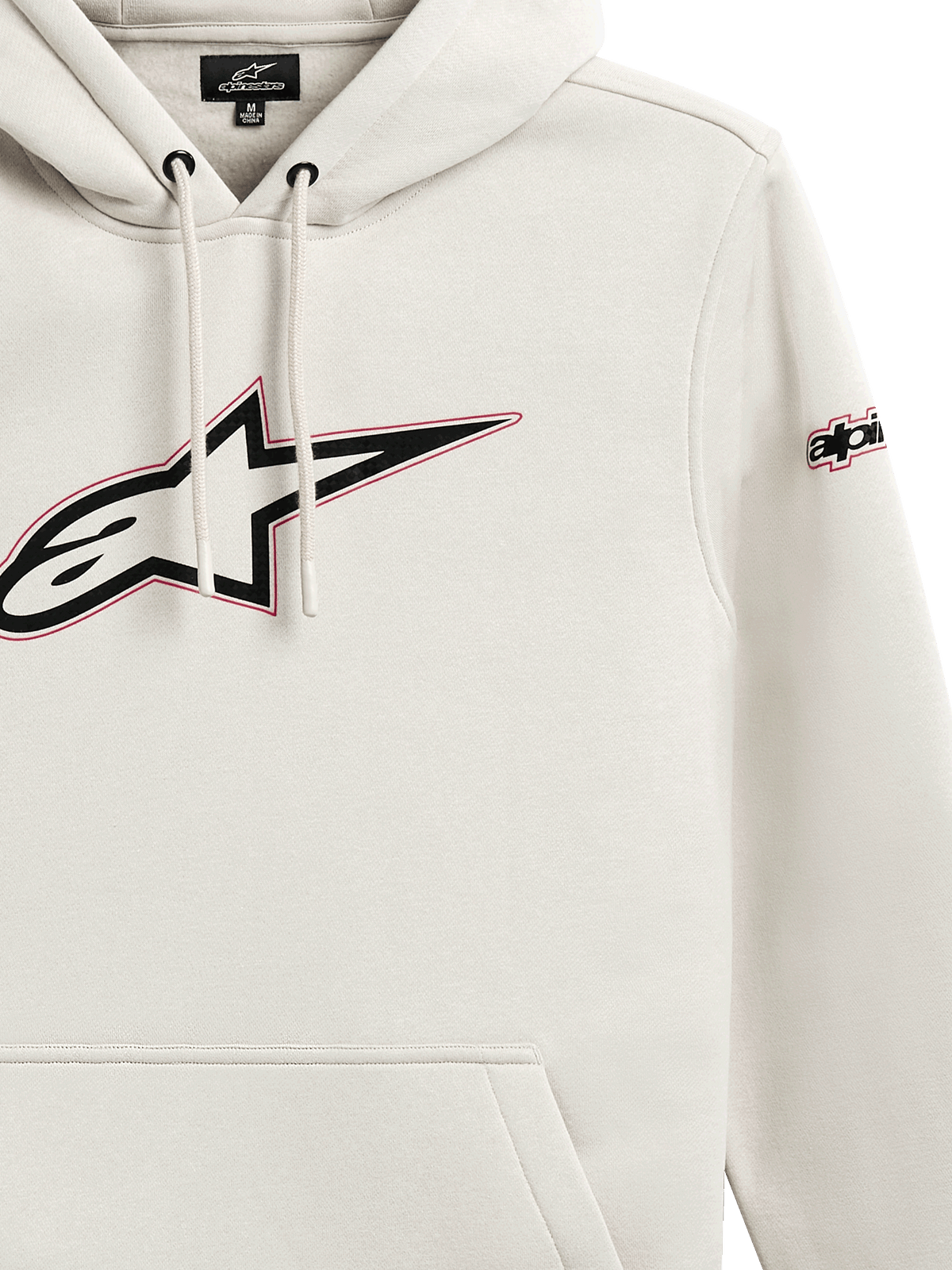 Alpinestars Insignia Hoodie, polarowa bluza z kapturem, złamana biel, duże logo Astars na piersi z czerwoną obwódką, branding na rękawie, kieszeń kangurka, design inspirowany sportami motorowymi