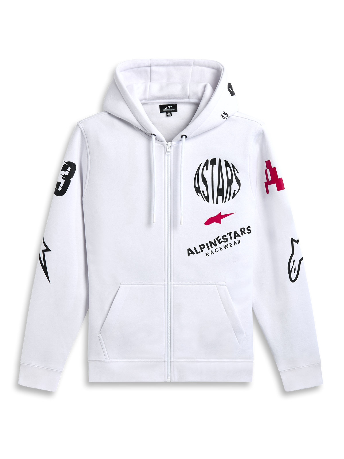 Alpinestars Variegate Hoodie, biała rozpinana bluza polarowa z kapturem, czarny okrągły napis ASTARS i czerwone logo gwiazdy na piersi, grafiki na rękawach, kieszenie typu kangurka i sznurek przy kapturze, casualowa odzież streetwearowa