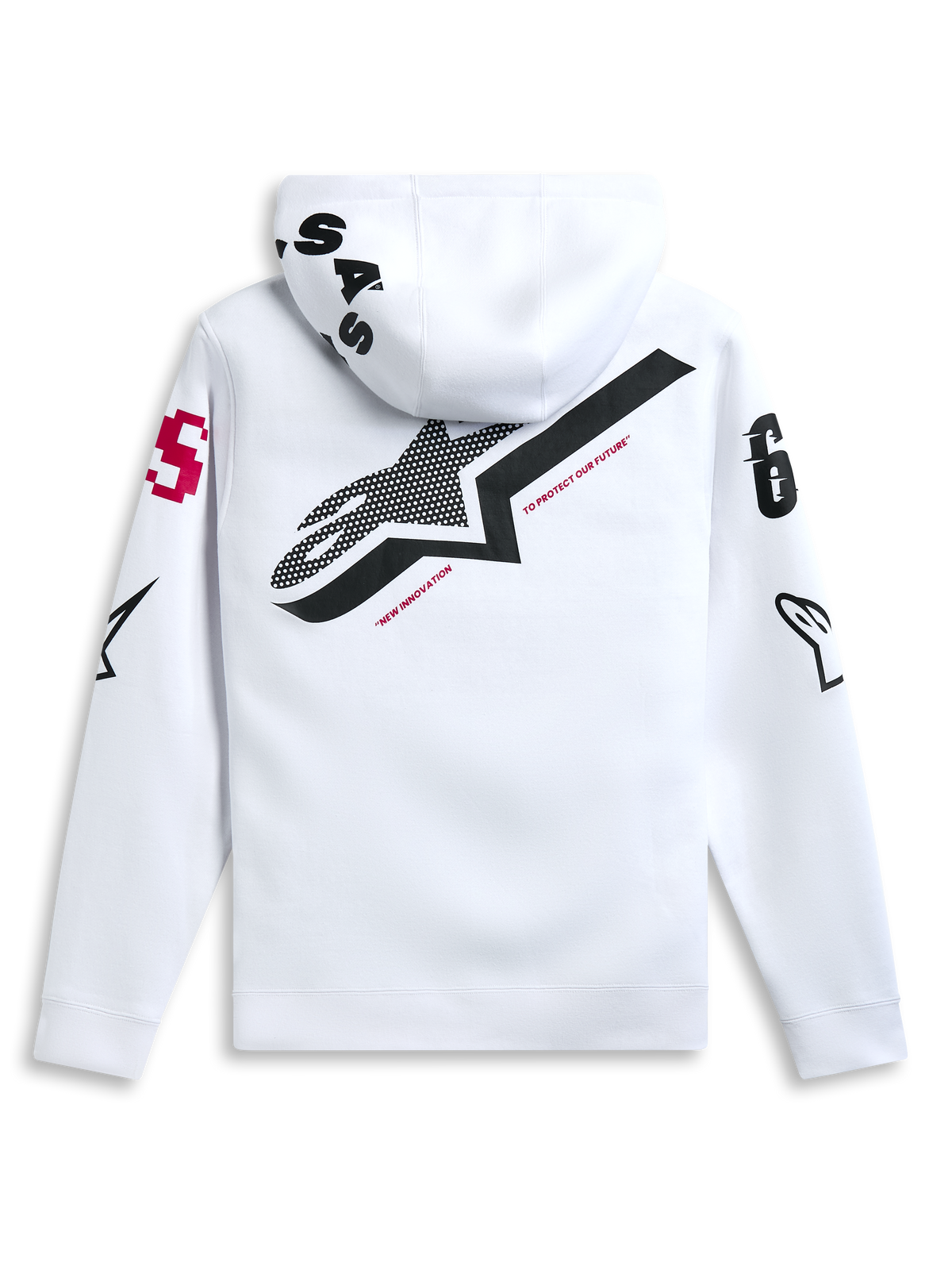 Bluza z kapturem Alpinestars Variegate, biała, widok z tyłu z dużym czarnym logo gwiazdy i czerwonym napisem „New Innovation”, grafiki z wieloma logotypami na rękawach i kapturze, casualowy streetwear inspirowany sportami motorowymi