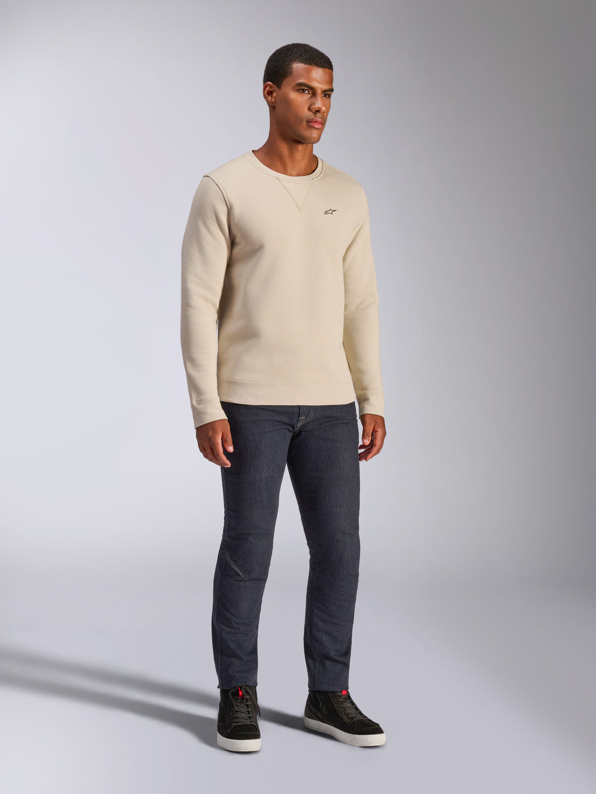 Alpinestars Positive Crew, Crewneck Sweatshirt, Off White, casual streetwear, featuring small black A-star logo on chest, ribbed neck with v-stitch detail, long sleeves, modern motorsport-inspired design.