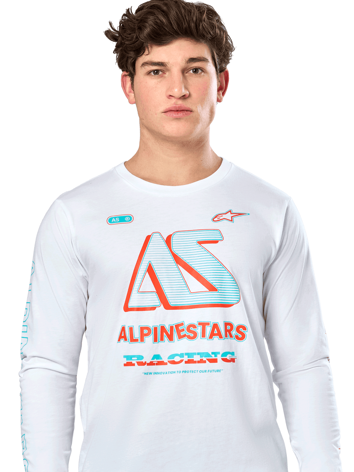 Alpinestars Ayess CSF Tee, biała koszulka z długim rękawem, z dużą grafiką „AS” w kolorze morskim i pomarańczowym oraz napisem „ALPINESTARS RACING”, codzienna odzież streetwearowa w stylu motorsportowym