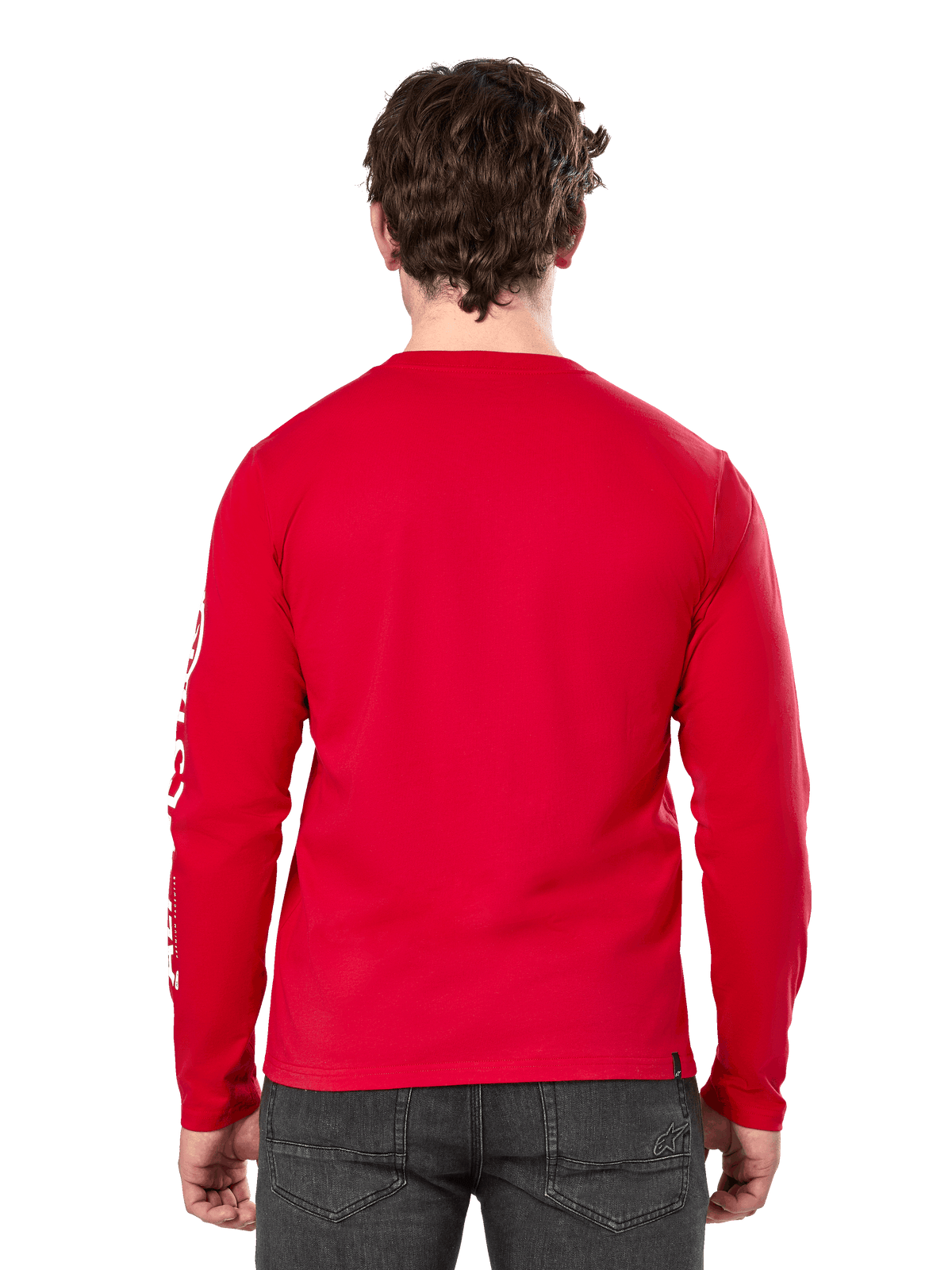 Alpinestars Committed CSF Long Sleeve Tee w kolorze czerwonym, widok od tyłu, model ubrany w ciemnoszare jeansy, białe logo Alpinestars na rękawie, minimalistyczny design pleców