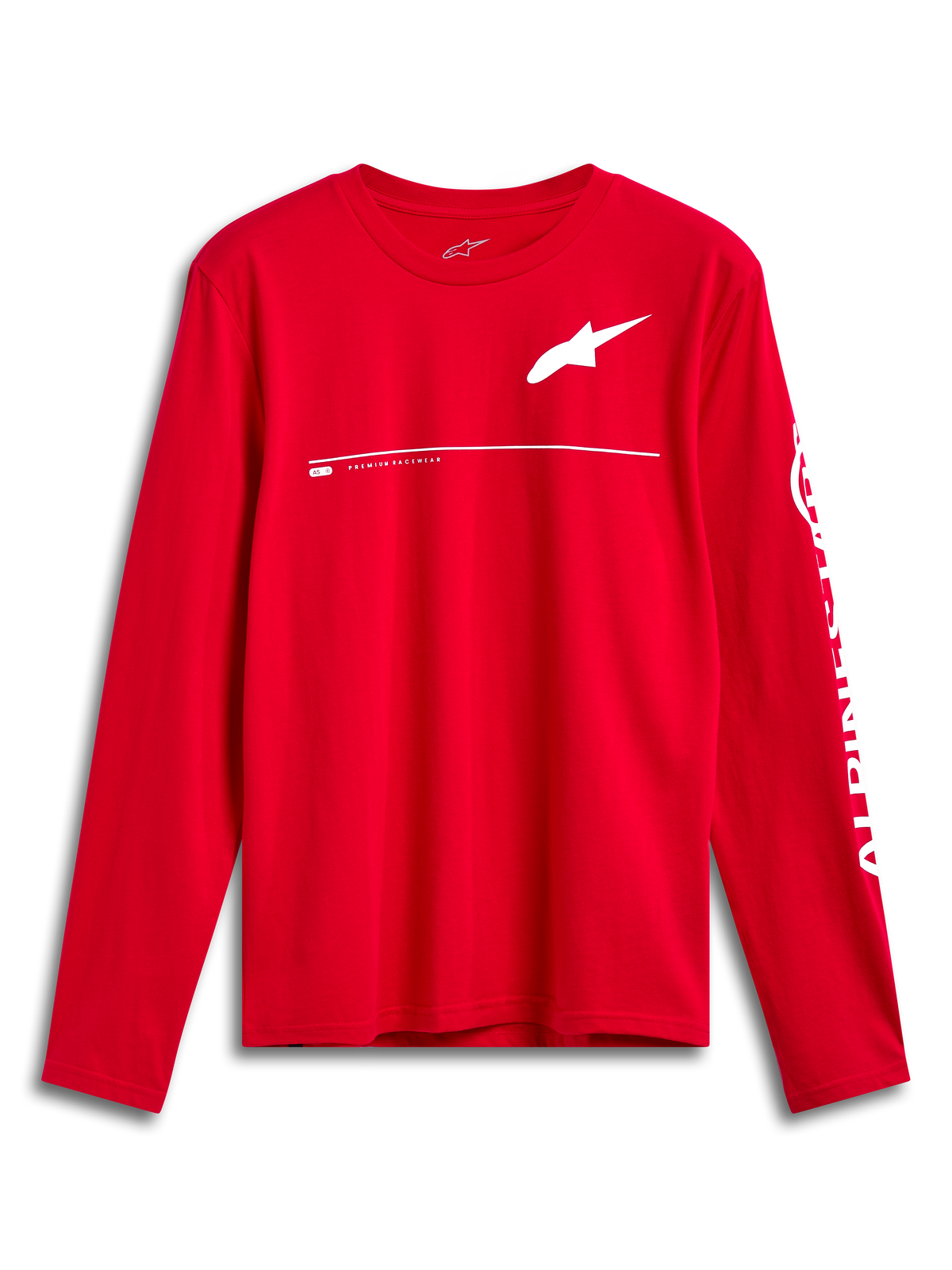 Alpinestars Committed CSF Tee, koszulka z długim rękawem, czerwona, białe logo Astars na piersi i branding Alpinestars na rękawie, casualowy design inspirowany sportami motorowymi