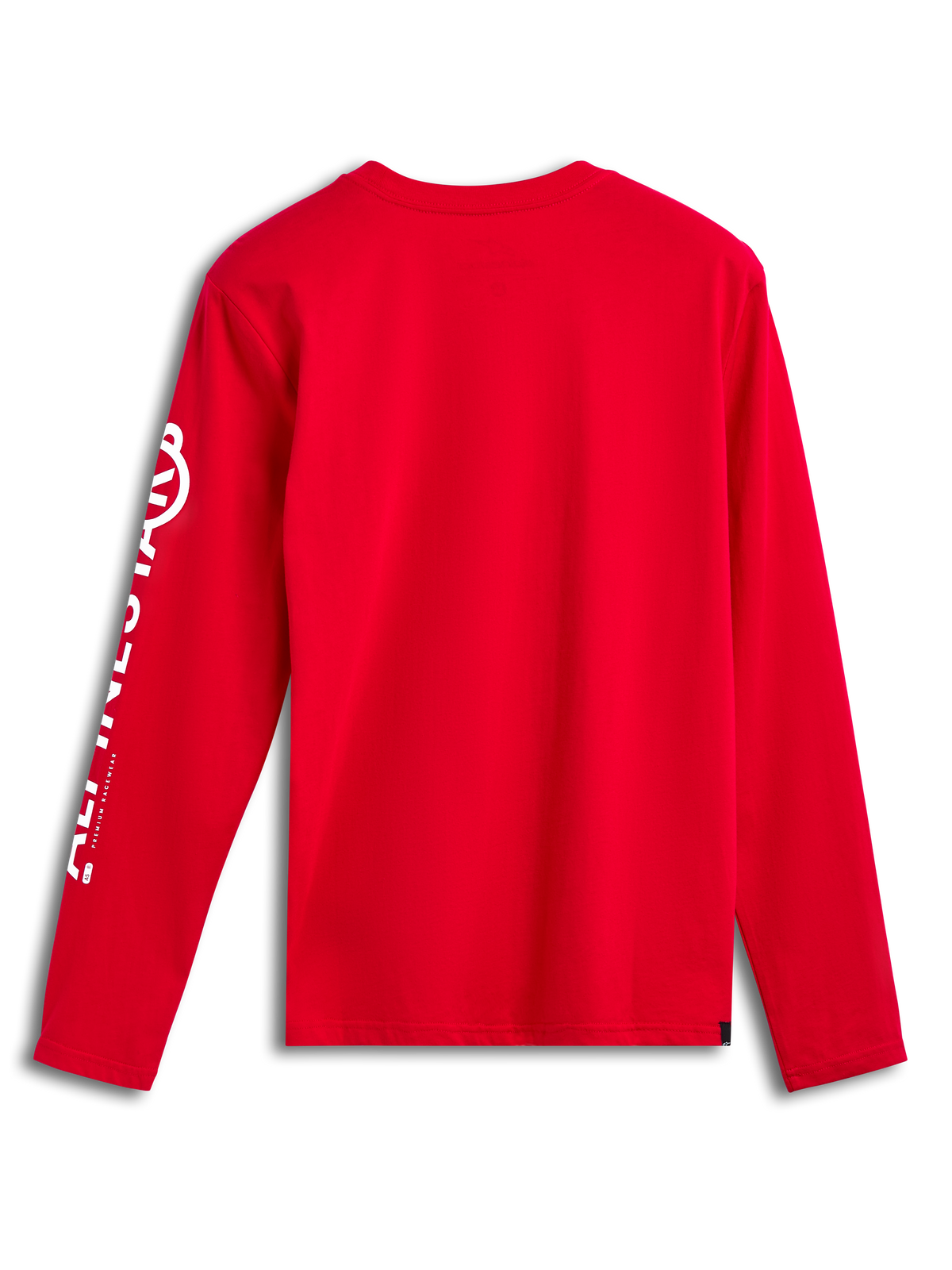 Alpinestars Committed CSF Tee, koszulka z długim rękawem, czerwona, widok z tyłu, białe pionowe logo Alpinestars na rękawie, odzież codzienna inspirowana sportami motorowymi