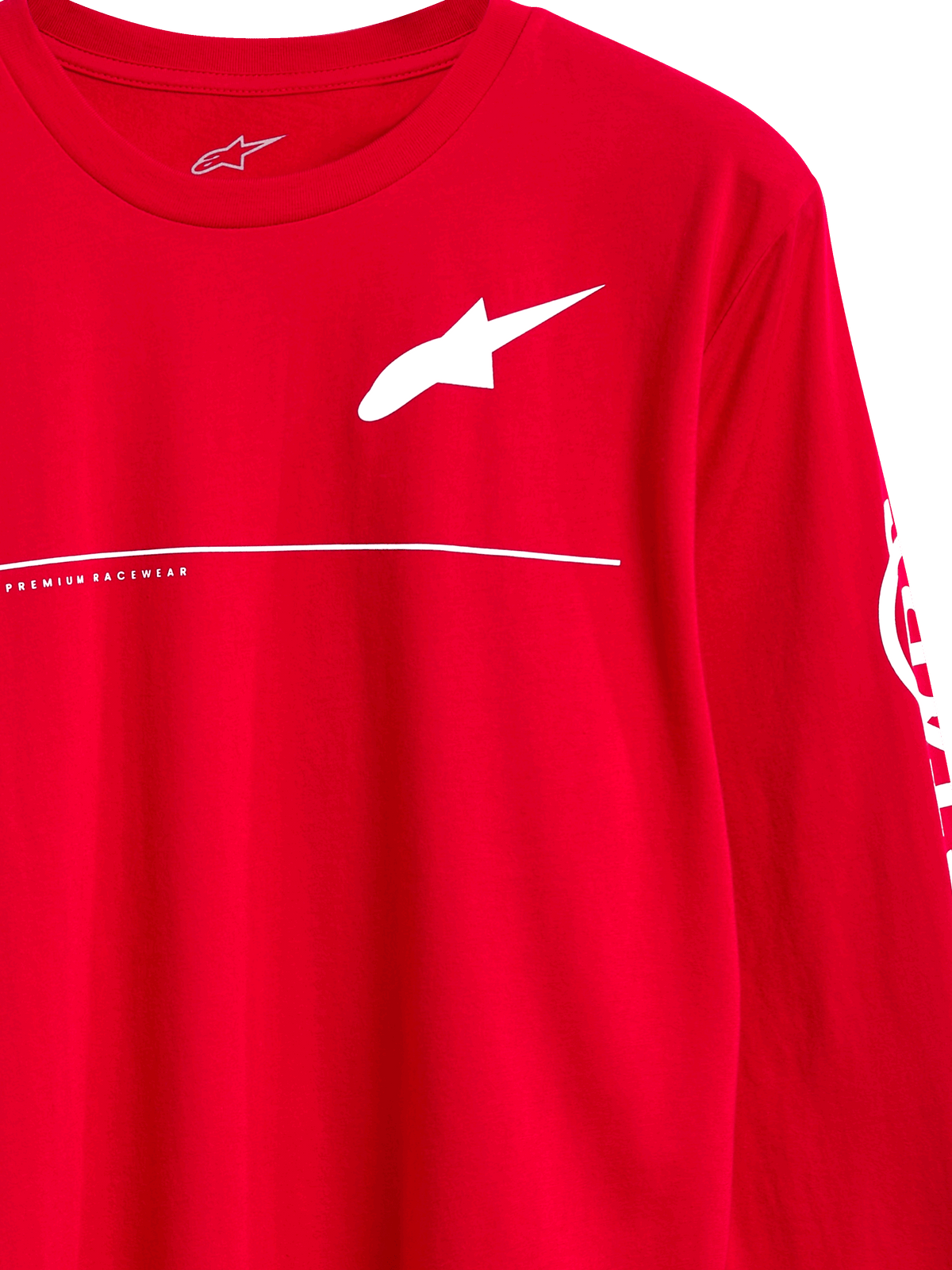 Alpinestars Committed CSF Tee, koszulka z długim rękawem, czerwona, białe logo Astars z napisem Premium Racewear i poziomą linią, codzienna odzież streetwearowa w stylu motorsport
