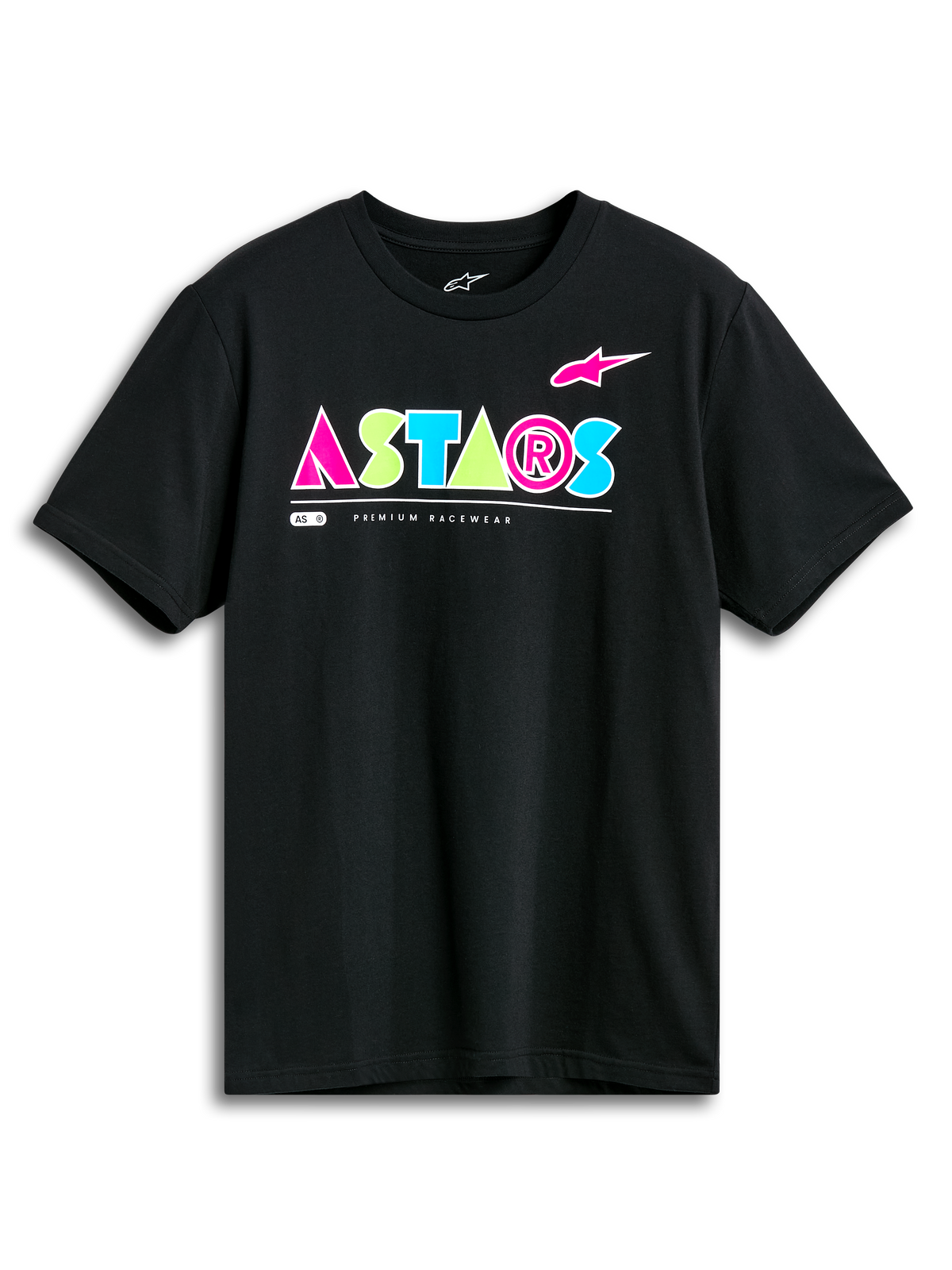 Alpinestars Cereal CSF Tee, koszulka z krótkim rękawem, czarna, wyraziste geometryczne logo ASTARS w kolorze różowym, limonkowym i jasnoniebieskim, casualowa odzież motorsportowa