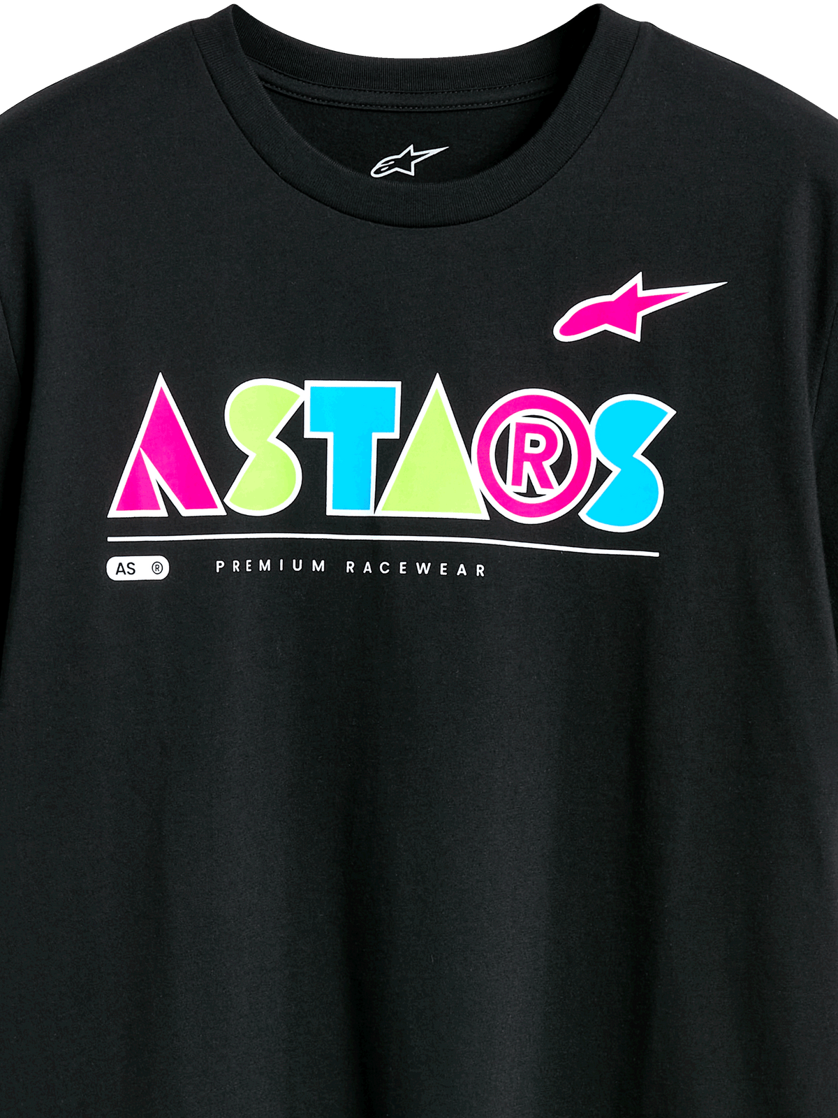 Koszulka Alpinestars Cereal CSF Tee, t-shirt z krótkim rękawem, czarny, kolorowe geometryczne logo ASTARS z różowymi, zielonymi i niebieskimi akcentami, napis Premium Racewear, casualowa odzież motorsportowa