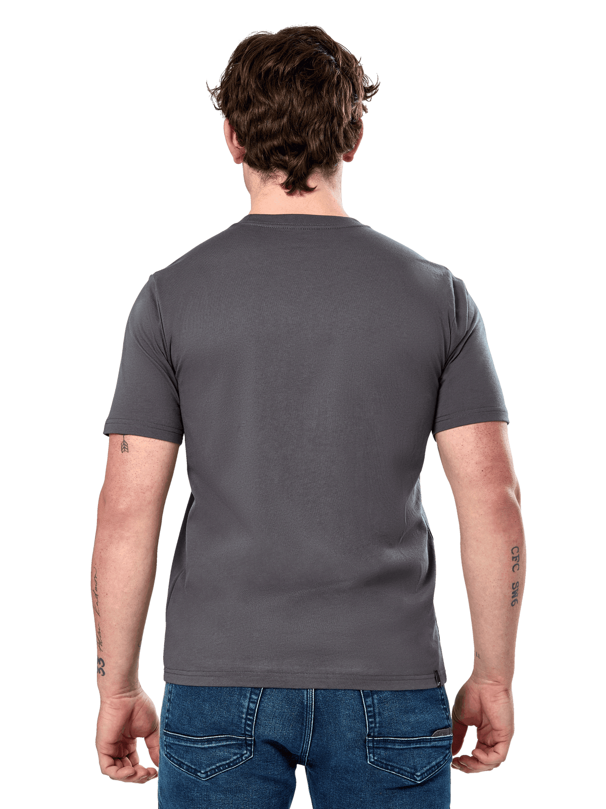Alpinestars Cereal CSF Tee, Short Sleeve T-Shirt, Charcoal, back view, worn by model with blue jeans, casual motorsport-inspired streetwear