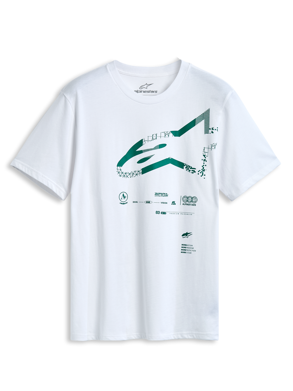 Alpinestars Geografica CSF Tee, biała koszulka z krótkim rękawem, zielone logo Astars z przodu z grafiką multi-tech, codzienna odzież sportowa motorsport