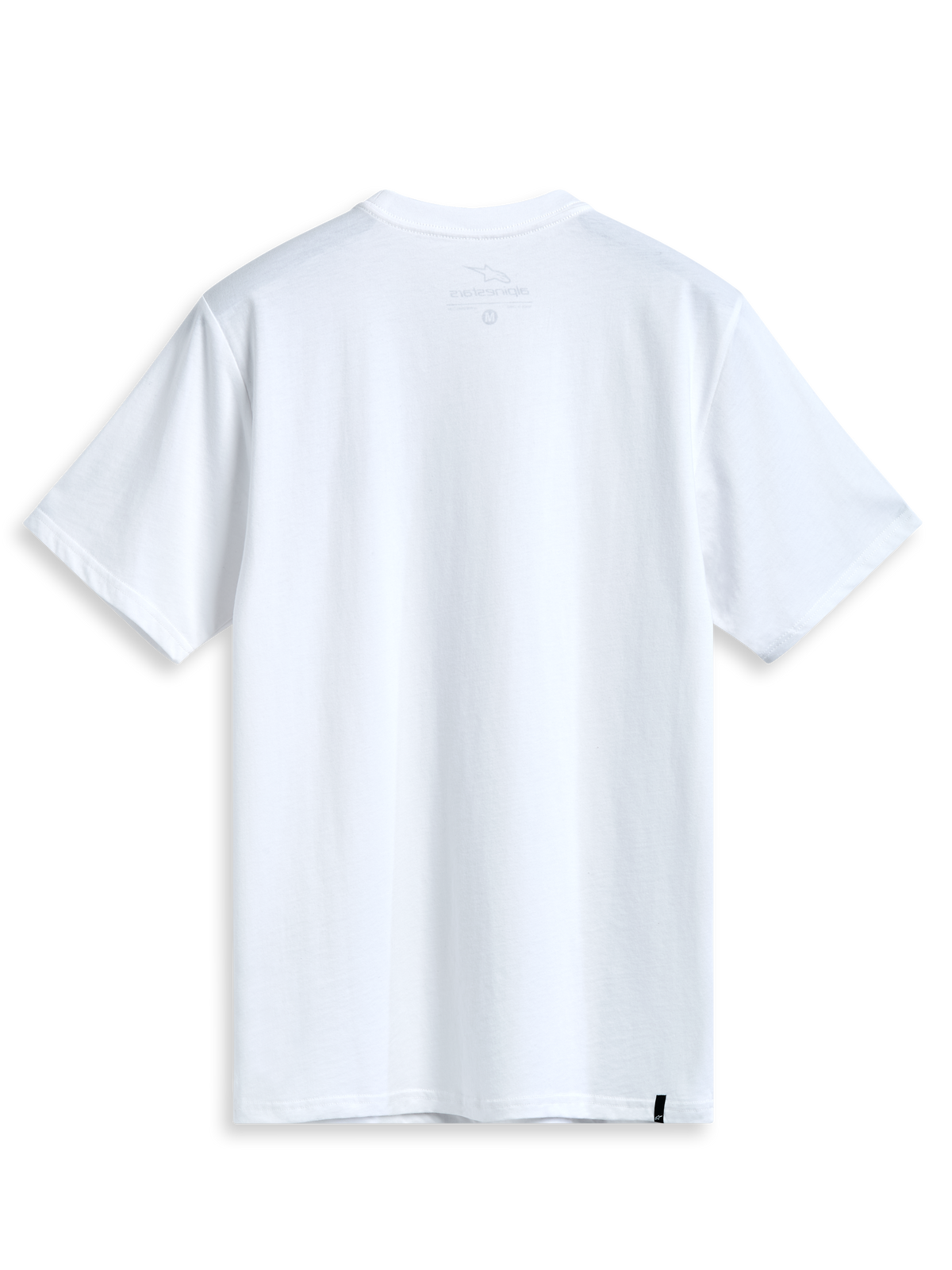 Alpinestars Geografica Csf Tee, biała koszulka z krótkim rękawem, widok z tyłu, minimalistyczny design z małą czarną tkaną metką na dole, casualowy motorsportowy streetwear