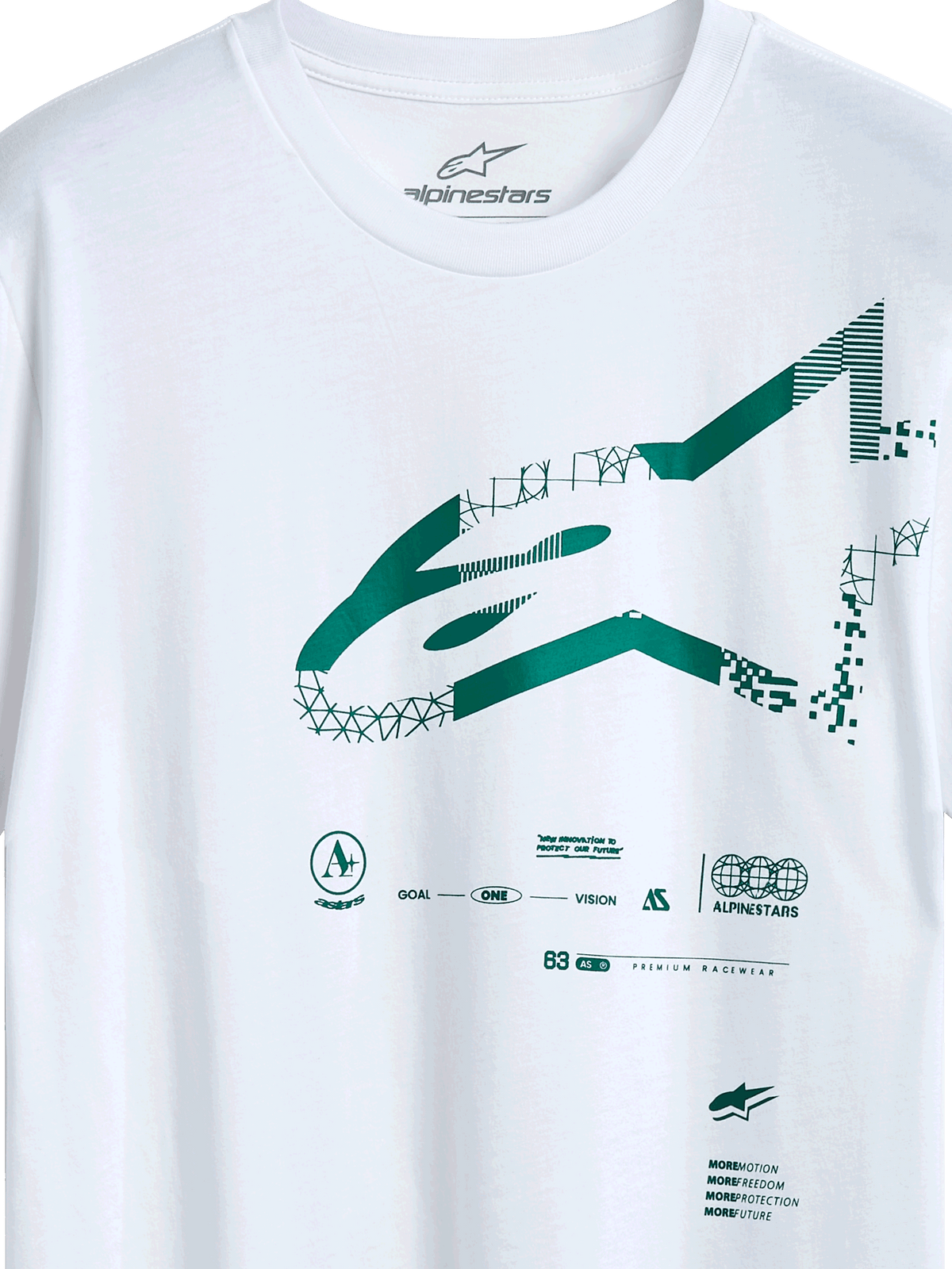 Alpinestars Geografica CSF Tee, koszulka z krótkim rękawem, biała, zielone logo Astars z geometrycznymi i pikselowymi grafikami, casualowy motorsportowy streetwear