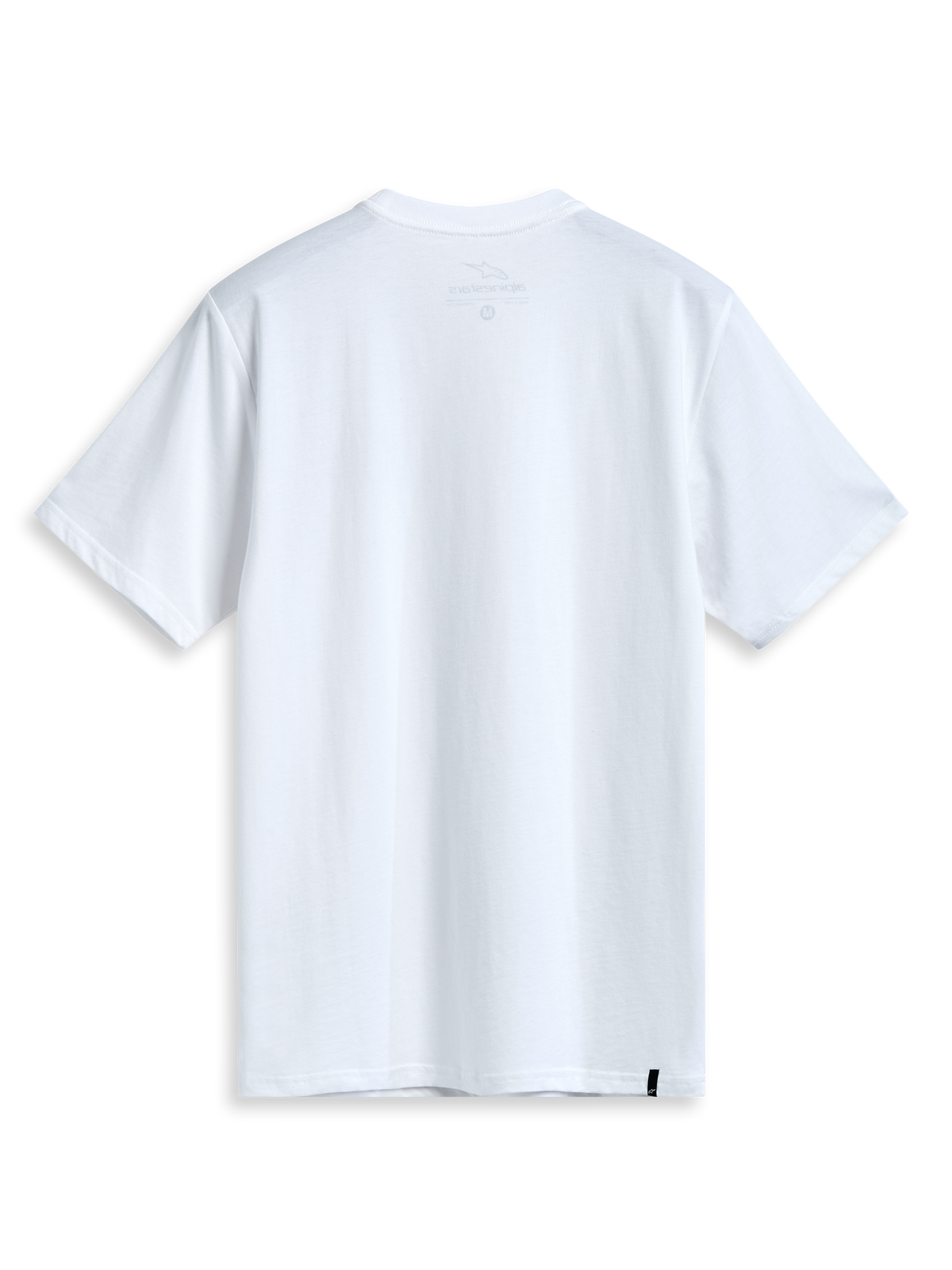 Alpinestars T-Shirt Dot Carbon Csf, biała koszulka z krótkim rękawem, widok z tyłu przedstawiający wewnętrzny nadruk na karku i zewnętrzne etykietowanie