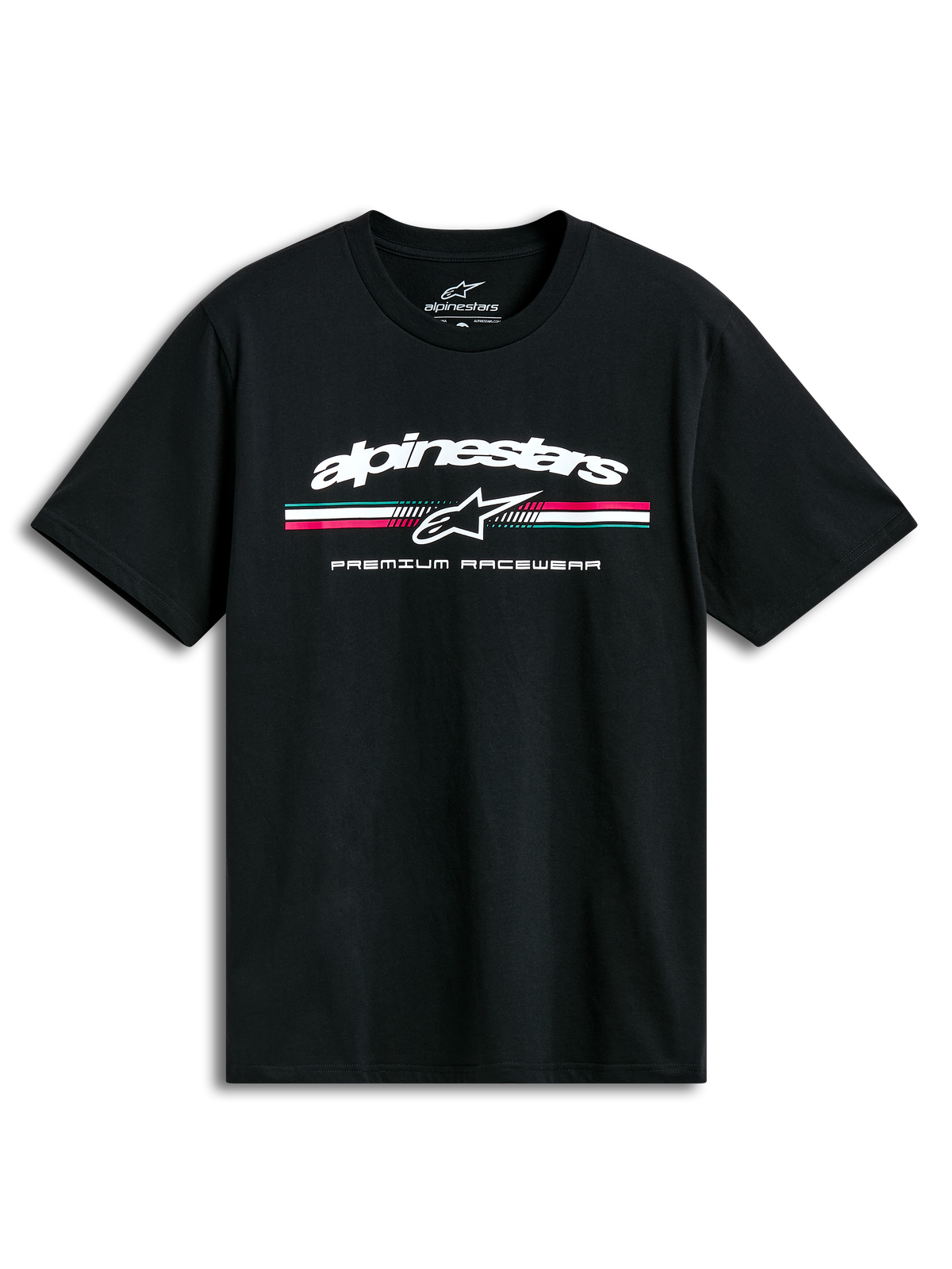 Alpinestars T-Shirt Prevail CSF, czarna koszulka z krótkim rękawem, przednie logo z trzema kolorowymi paskami w stylu paddock i napisem Premium Racewear