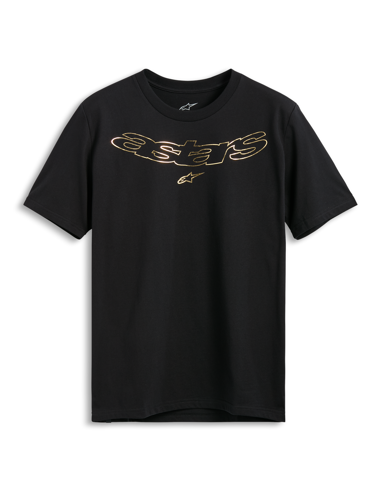 Alpinestars Luxo CSF Tee, koszulka z krótkim rękawem, czarna, metaliczne złote logo Astars z symbolem gwiazdy na klatce piersiowej, codzienna odzież uliczna w stylu motorsportowym