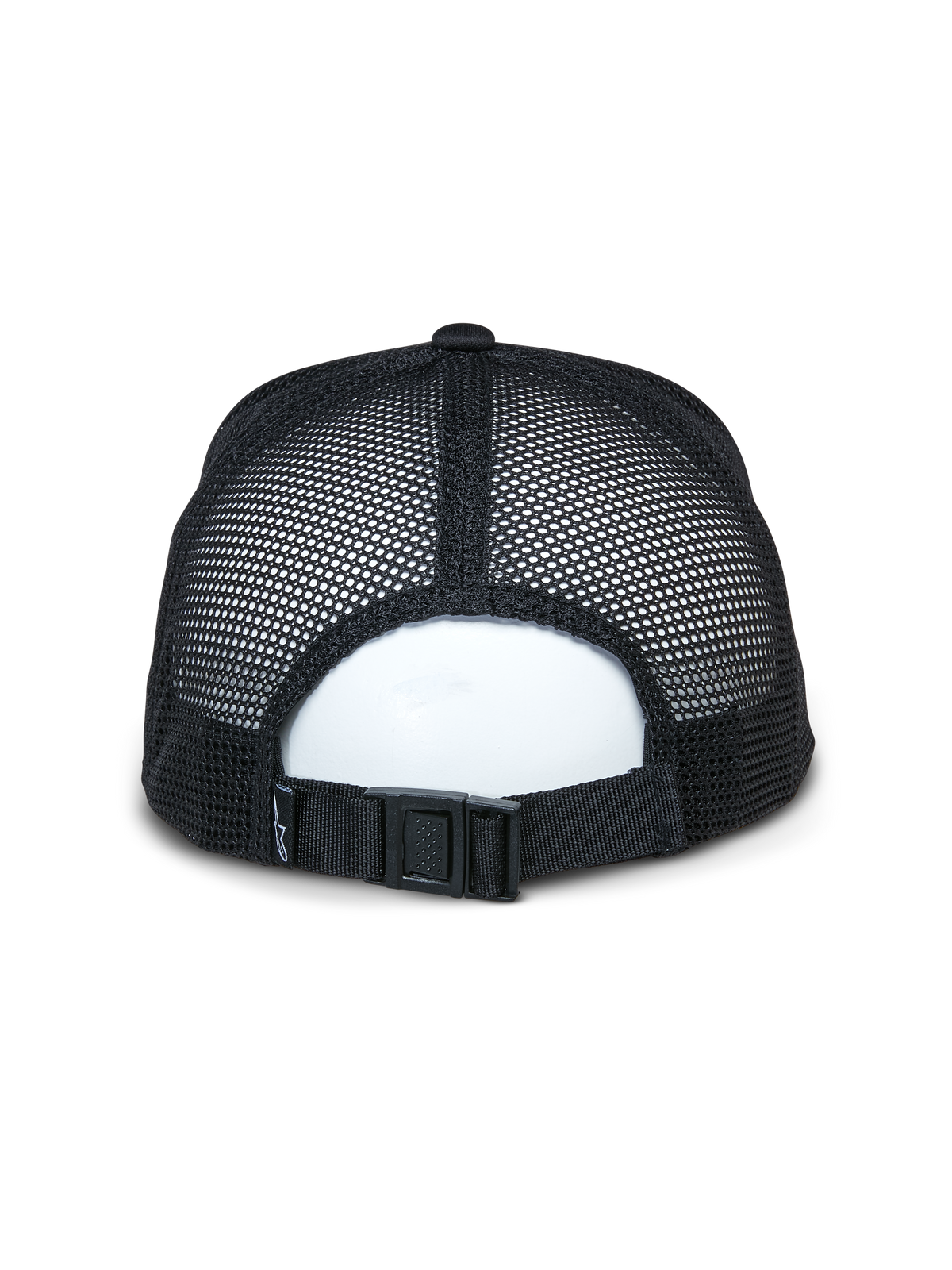 Alpinestars Alter Trucker Hat, czarna, widok z tyłu pokazujący oddychające panele z siatki z recyklingu i regulowane zapięcie na klamrę, sportowe akcesorium