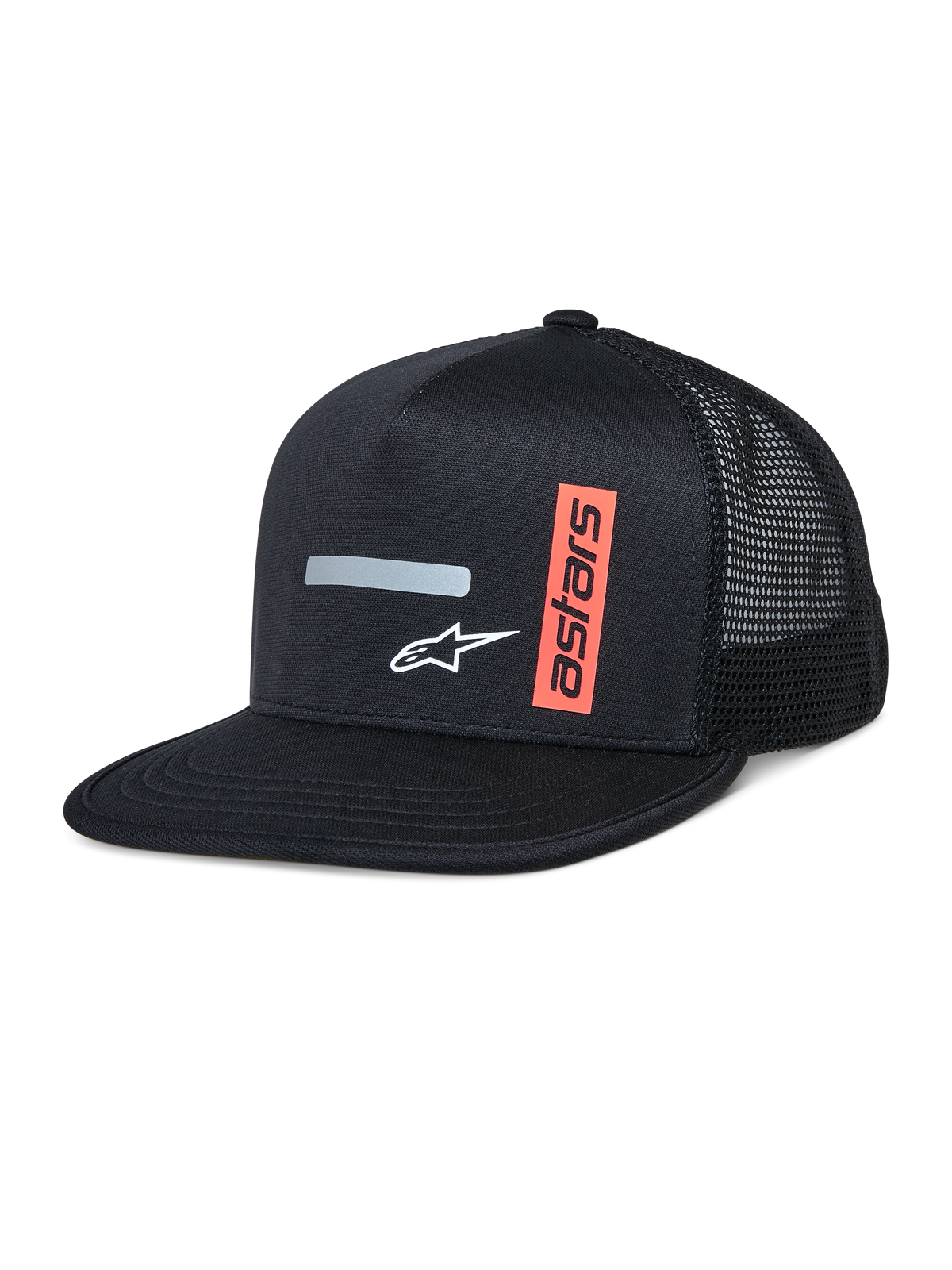 Alpinestars Alter Trucker Hat, czarna czapka typu trucker z usztywnioną koroną i płaskim daszkiem, oddychający tył z siateczki, z poziomym szarym odblaskowym paskiem, białym logo A-star i pionową pomarańczową grafiką astars, codzienna odzież streetwearowa inspirowana sportami motorowymi