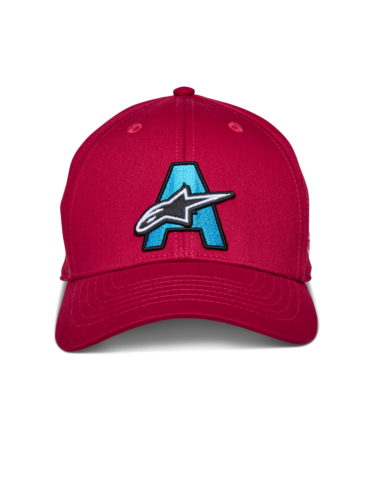 Czapka Alpinestars Elemental, czerwona czapka z daszkiem, duże jasnoniebieskie haftowane „A” z biało-czarnym logo gwiazdy Alpinestars z przodu, usztywniona konstrukcja z zakrzywionym daszkiem, codzienne nakrycie głowy w stylu motorsportowym