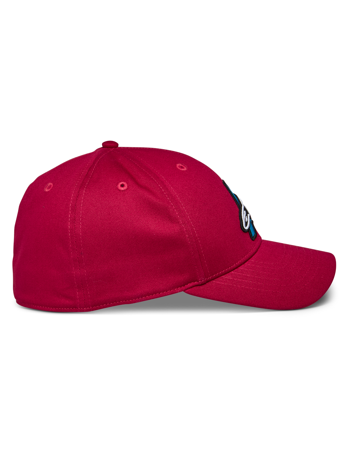 Alpinestars Elemental Hat, czerwona czapka z daszkiem, widok z profilu pokazujący zakrzywiony daszek i strukturalną koronę, elastyczna tkanina twill, codzienna odzież sportowa w stylu motorsport