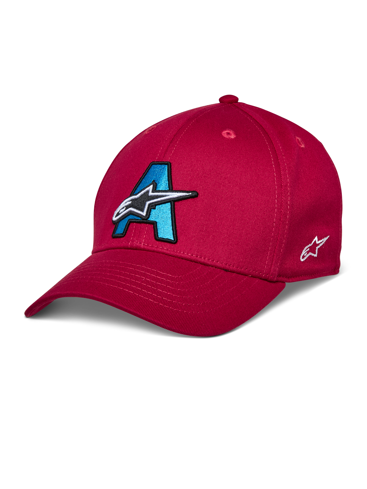 Alpinestars Elemental Hat, czerwona czapka bejsbolówka, błękitno-czarne haftowane logo 3D „A”, wzór z białą gwiazdą, zakrzywiony daszek, usztywniona korona, codzienne nakrycie głowy w stylu motorsportowym