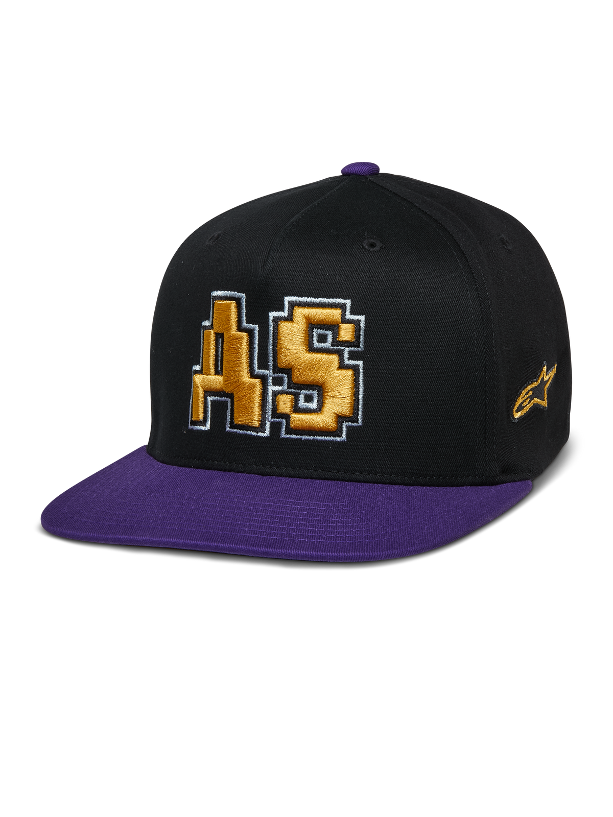 Alpinestars Franchise Hat, czapka z płaskim daszkiem, czarno-fioletowa, złote haftowane logo AS 3D z białym konturem, fioletowy daszek i guzik na górze, usztywniona konstrukcja Flex Fit
