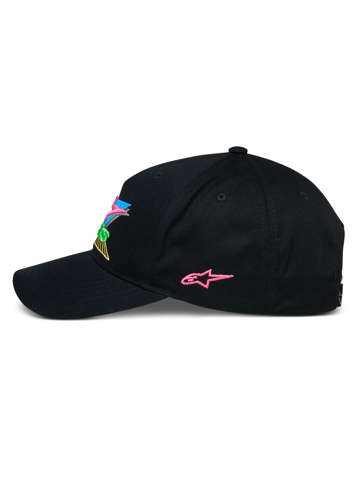Alpinestars Vivid Hat, czarna czapka z daszkiem typu snapback, profil boczny z różowym haftowanym logo gwiazdy i kolorowym haftem 3D z przodu, zakrzywiony daszek, streetwearowy styl inspirowany motorsportem