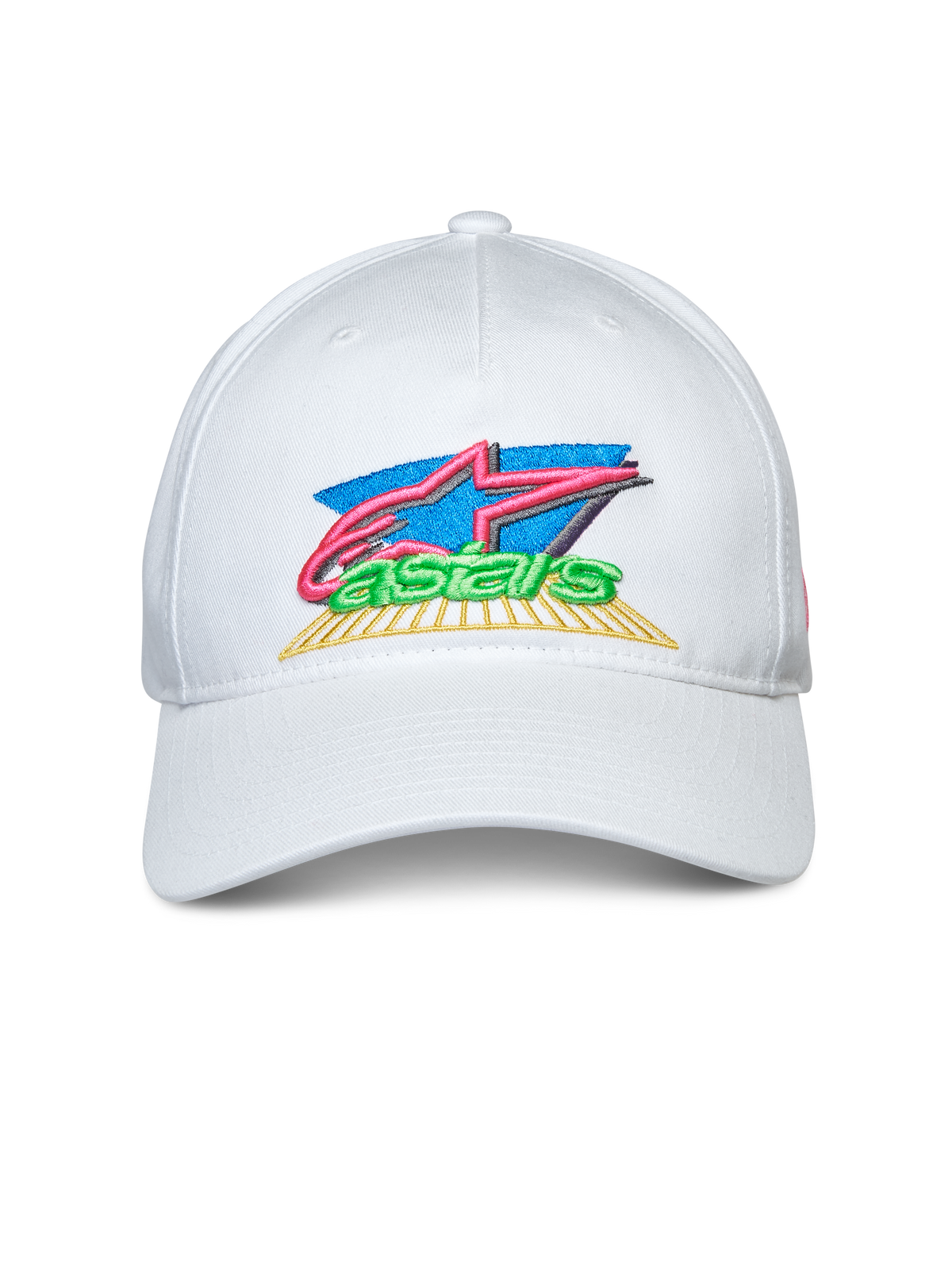 Alpinestars Vivid Hat, biała czapka z daszkiem typu snapback, zakrzywiony daszek, kolorowy haft 3D i płaskie logo z przodu, sportowa odzież codzienna