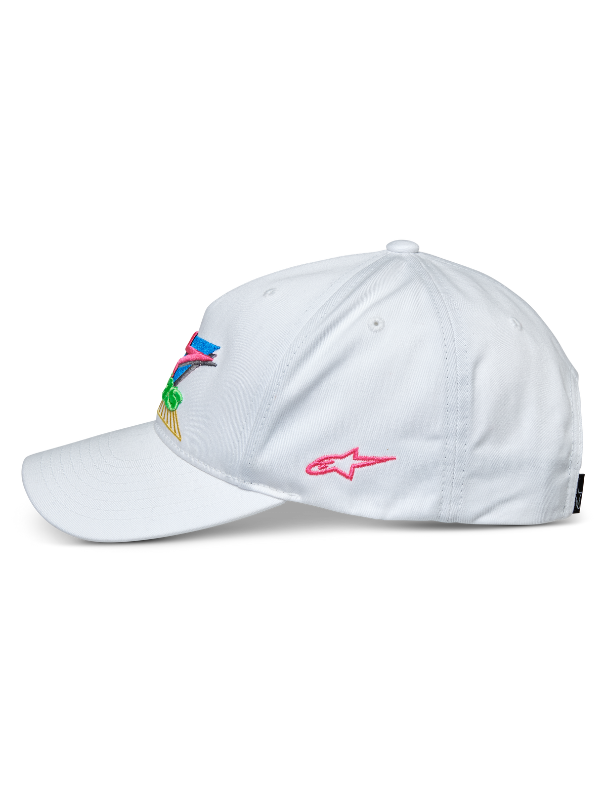 Alpinestars Vivid Hat, biała czapka z daszkiem, widok z boku, zakrzywiony daszek i półstrukturalna niska korona, kolorowy haft 3D z przodu i różowe logo gwiazdy z boku, sportowe nakrycie głowy