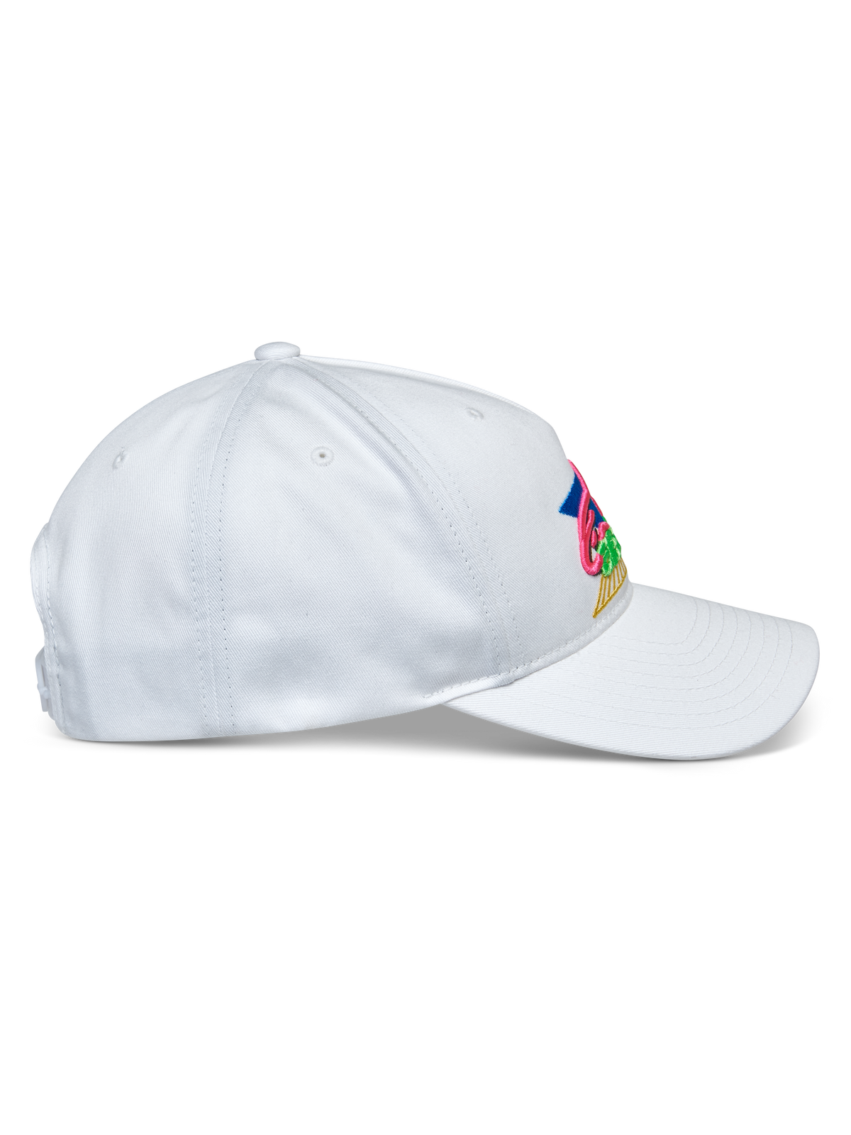 Alpinestars Vivid Hat, biała czapka z daszkiem, widok z boku, niskoprofilowa bejsbolówka z zakrzywionym daszkiem, bawełniana tkanina twill, wielokolorowy haft z przodu, sportowe nakrycie głowy
