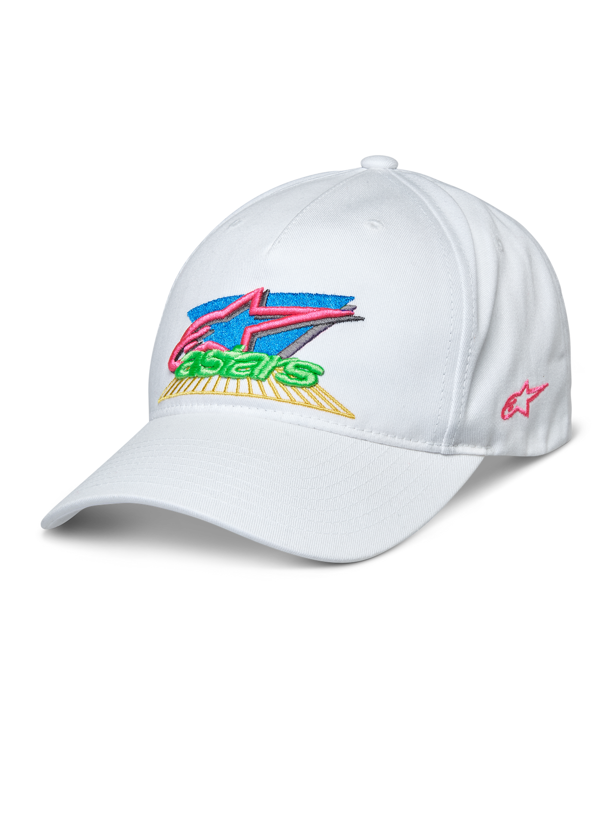 Alpinestars Vivid Hat, biała czapka bejsbolówka, kolorowe haftowane logo Astars 3D w kolorach różowym, niebieskim, zielonym i żółtym, zakrzywiony daszek, półstrukturalna niska korona, sportowa odzież casual