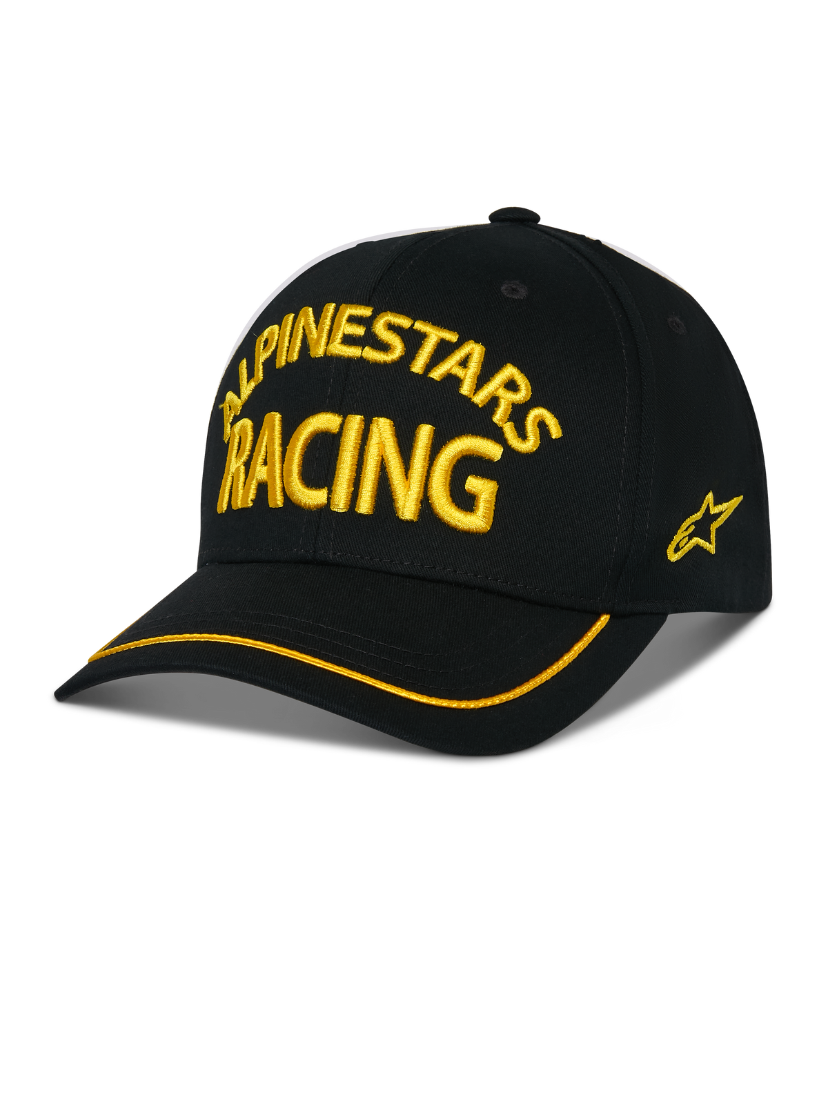 Alpinestars Luminary Hat, czarna czapka z daszkiem, żółty haft 3D ALPINESTARS RACING, zakrzywiony daszek z żółtą lamówką, logo z gwiazdą z boku, casualowa odzież uliczna w stylu motorsport