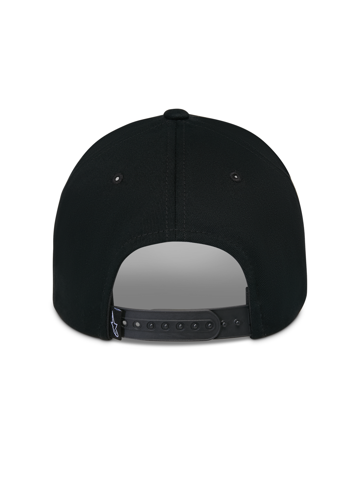 Alpinestars Luminary Hat, czarna, widok z tyłu, regulowane zapięcie typu snapback, mała tkana metka z logo, usztywniona bawełniana korona, codzienne nakrycie głowy inspirowane sportami motorowymi