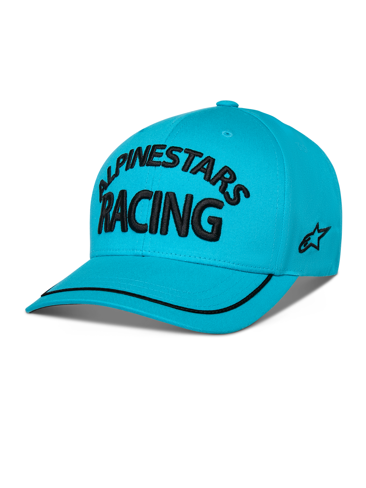 Czapka Alpinestars Luminary, jasnoniebieska czapka typu snapback z zakrzywionym daszkiem, czarny haft 3D z napisem „ALPINESTARS RACING”, płaskie haftowane logo z boku, czarna lamówka na daszku, codzienne nakrycie głowy inspirowane motorsportem