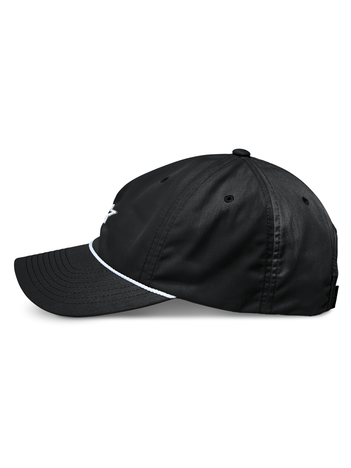 Alpinestars Tyler Hat, czarna czapka z daszkiem typu snapback, widok z boku, zakrzywiony daszek z ozdobnym białym sznurem, nieusztywniona niska korona, materiał z recyklingu, casualowy design inspirowany motorsportem