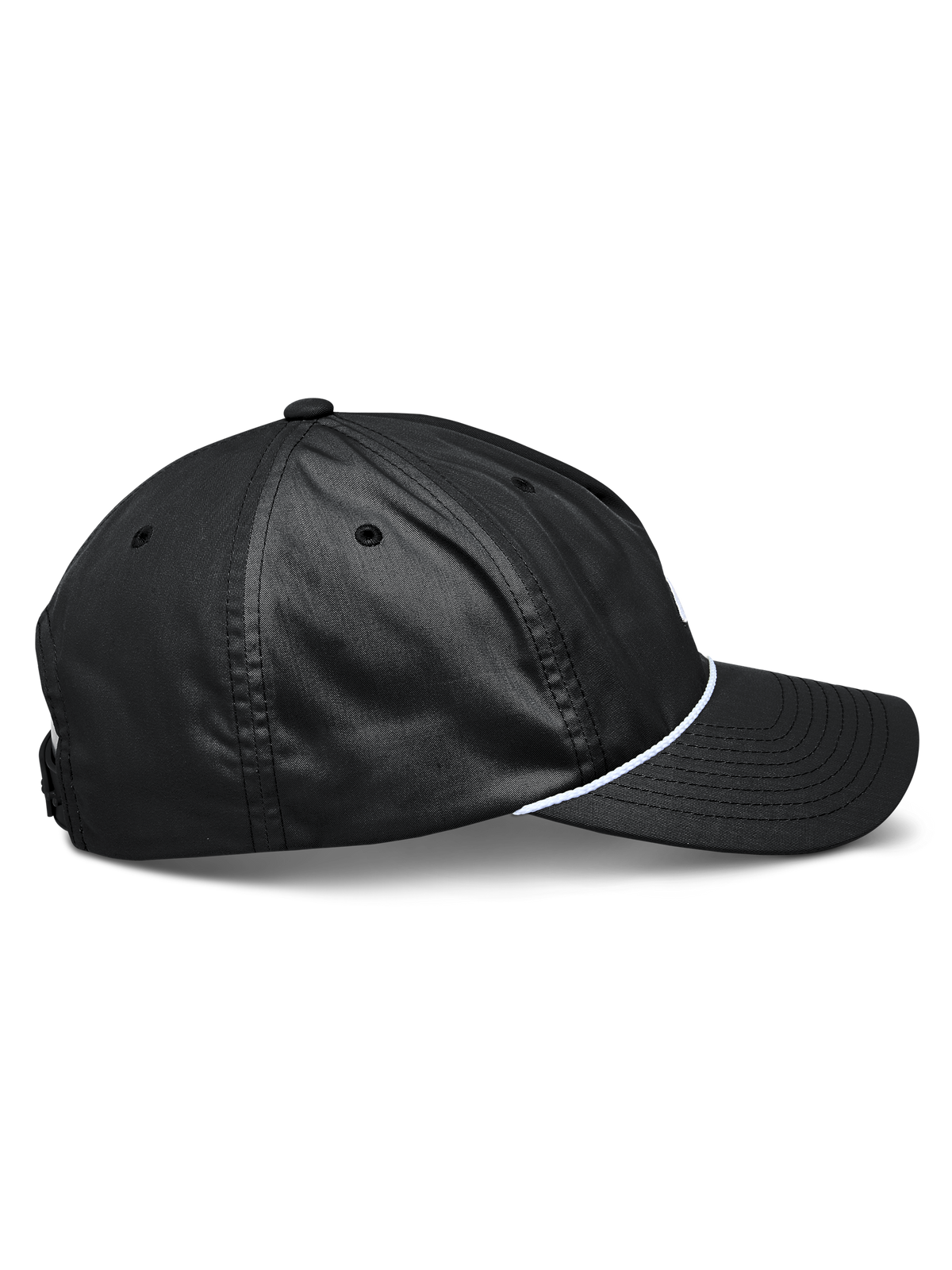 Alpinestars Tyler Hat, Black snapback hat shown from the side, curved bill, white braided rope trim, unstructured low crown, recycled polyester twill, casual sportswear