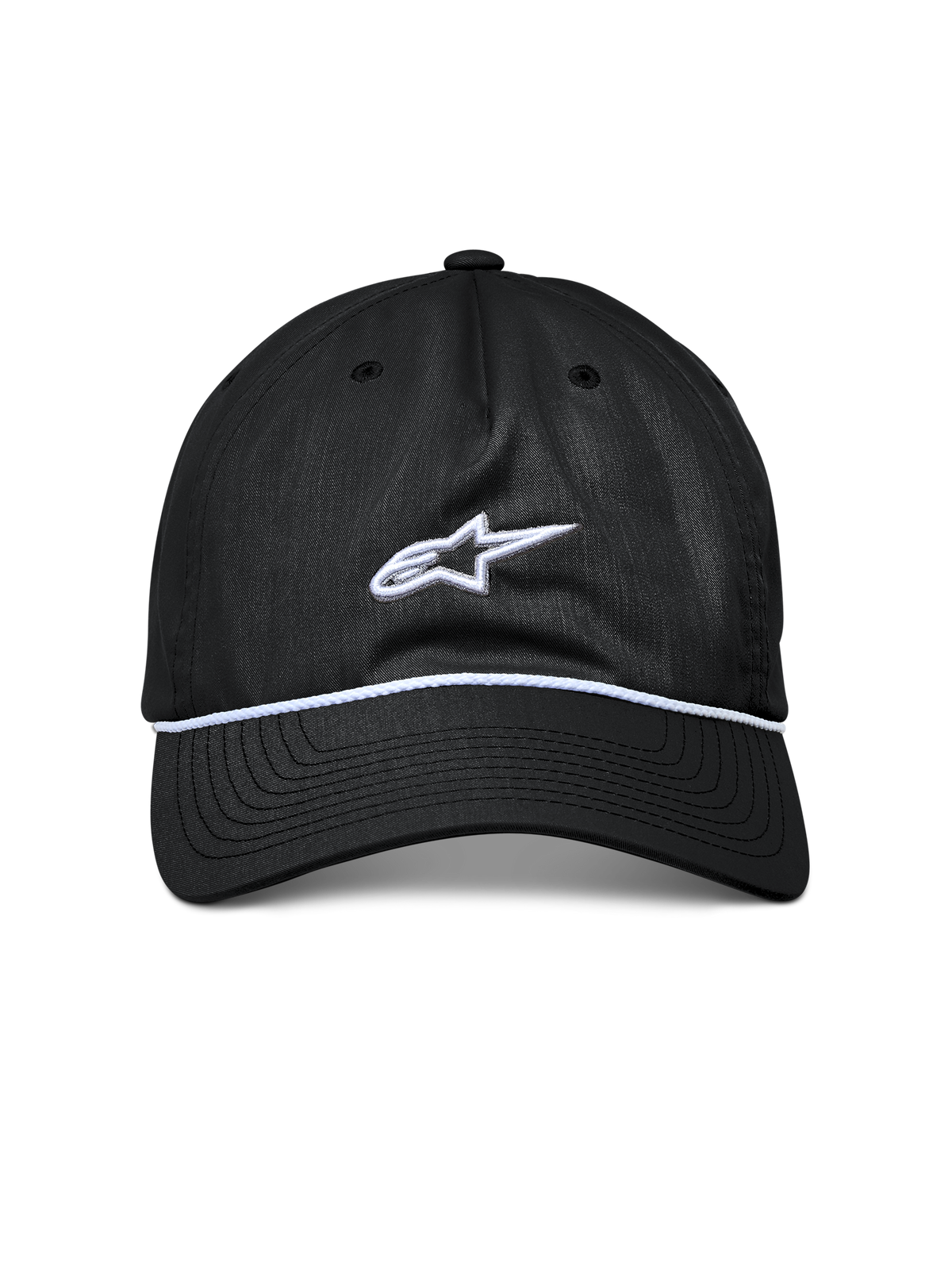 Alpinestars Tyler Hat, Black Snapback Hat, Curved Bill with White Braided Rope Trim, White Embroidered Astars Logo, Casual Sportswear