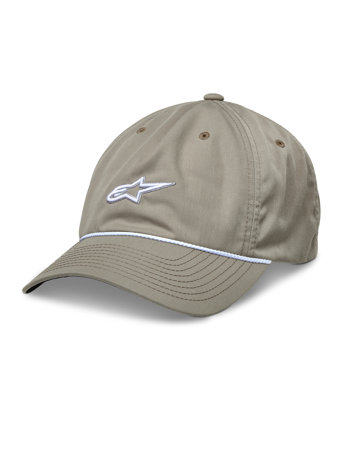 Alpinestars Tyler Hat, czapka z daszkiem khaki, z białym haftem 3D i białym ozdobnym sznurkiem, nieusztywniona niska korona z zakrzywionym daszkiem, sześciopanelowa konstrukcja z twillu z recyklingu z otworami wentylacyjnymi.