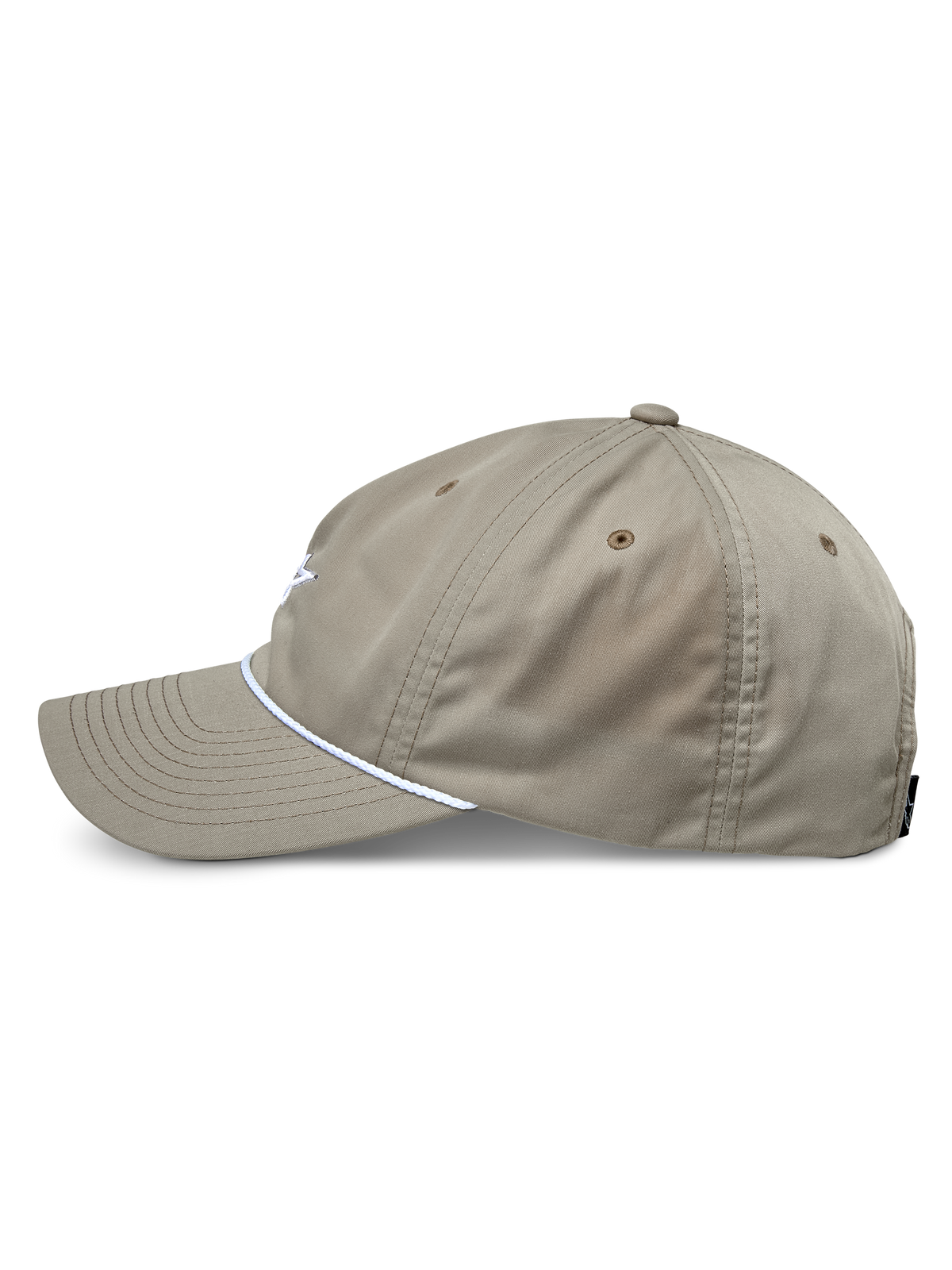 Czapka Alpinestars Tyler, khaki, widok z boku prezentujący zakrzywiony daszek oraz biały pleciony sznur ozdobny, czapka o niskiej, nieusztywnionej koronie, codzienna odzież sportowa