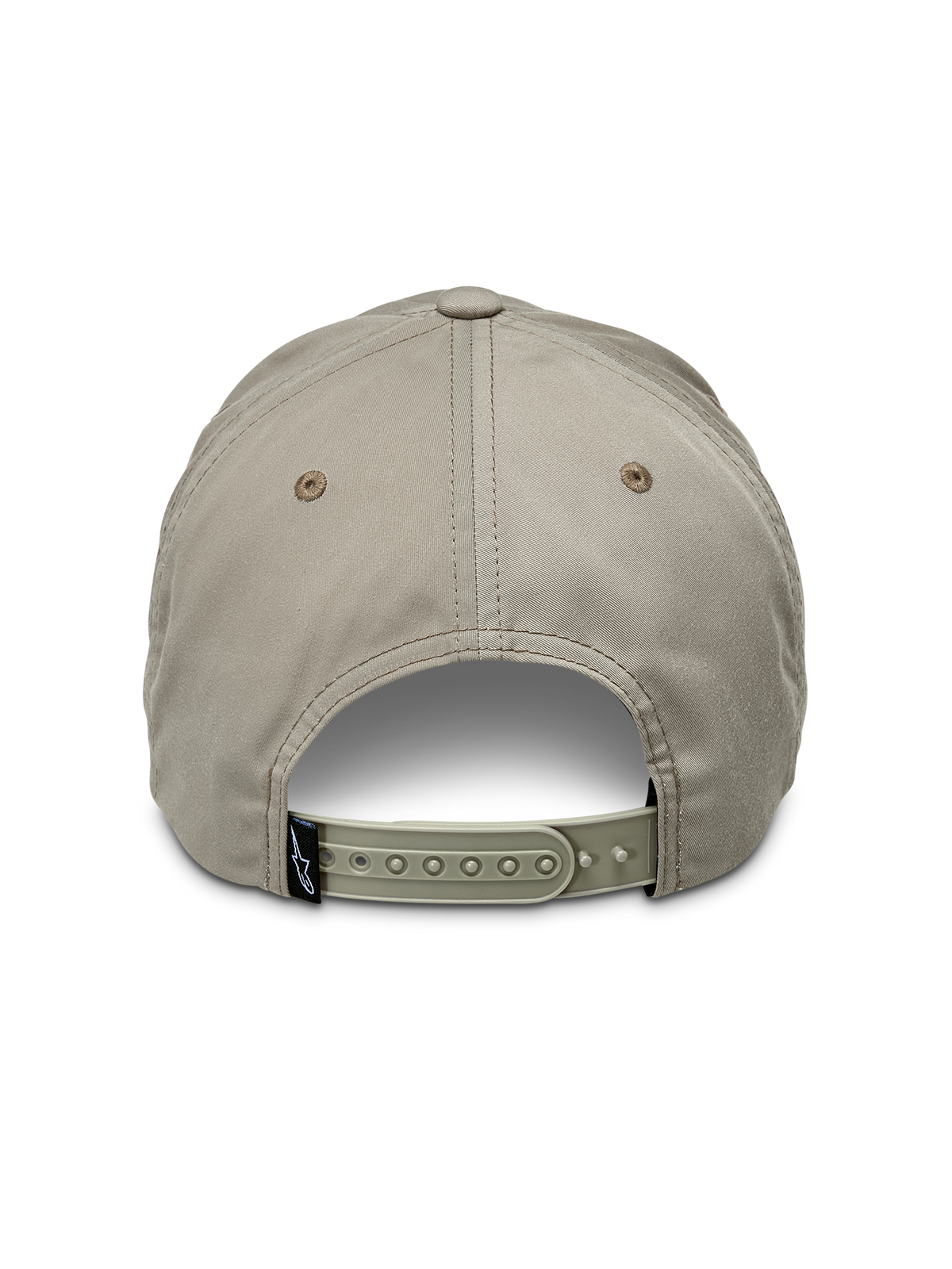 Czapka Alpinestars Tyler, khaki, widok z tyłu ukazujący regulowane zapięcie typu snapback i małą czarną metkę z logo, nieusztywniona konstrukcja o niskiej koronie z tkaniny twill z recyklingu, codzienna czapka sportowa