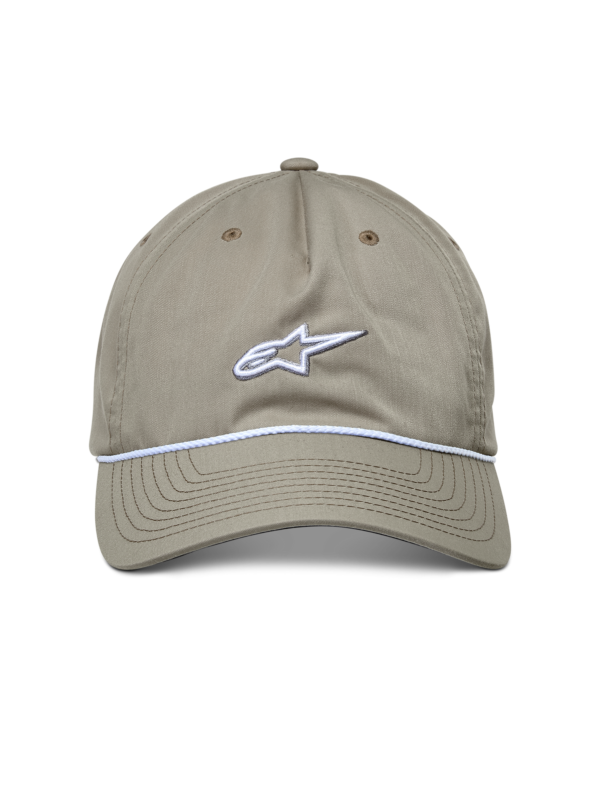 Alpinestars Tyler Hat, sportowa czapka codzienna, kolor khaki, widok z przodu z białym haftowanym logo i ozdobnym plecionym sznurem, zakrzywiony daszek, konstrukcja z niską koroną