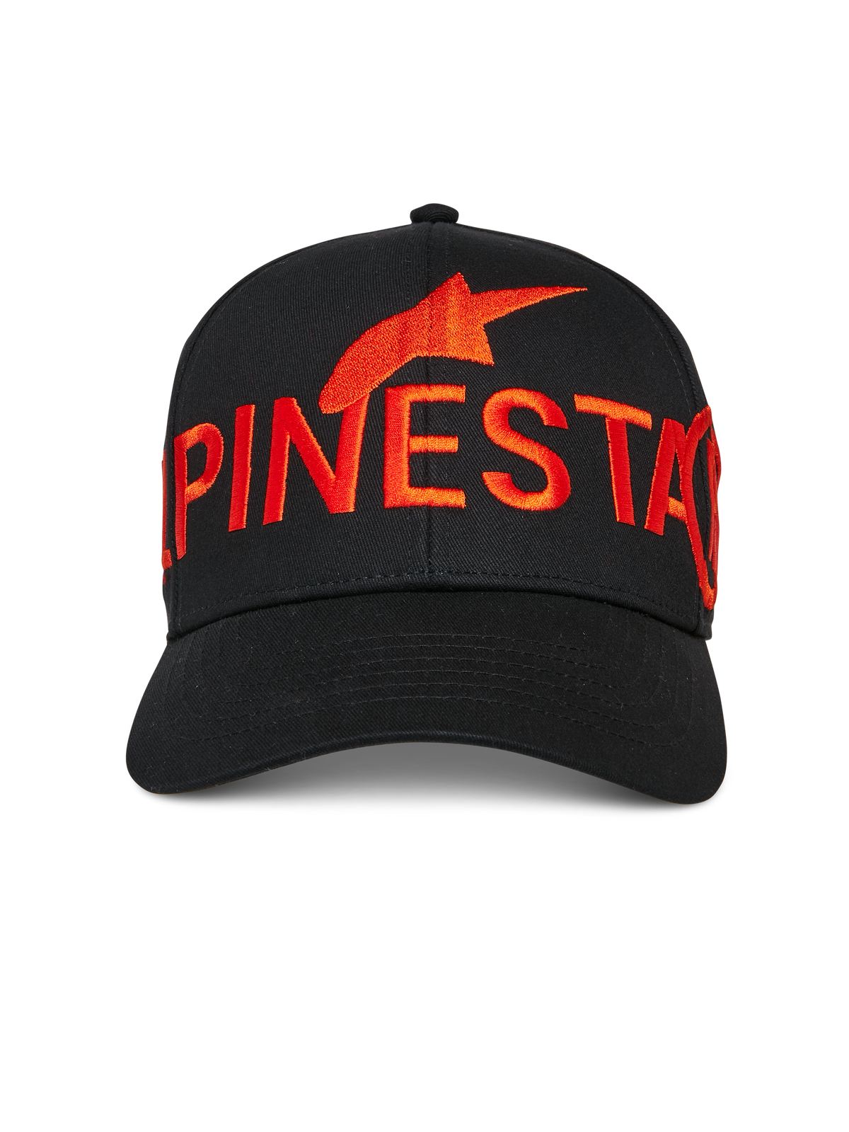 Alpinestars Committed Hat, czarna czapka z daszkiem typu snapback, duże czerwone haftowane logo i napis Alpinestars z przodu, zakrzywiony daszek, strukturalna korona, casualowy styl motorsport streetwear